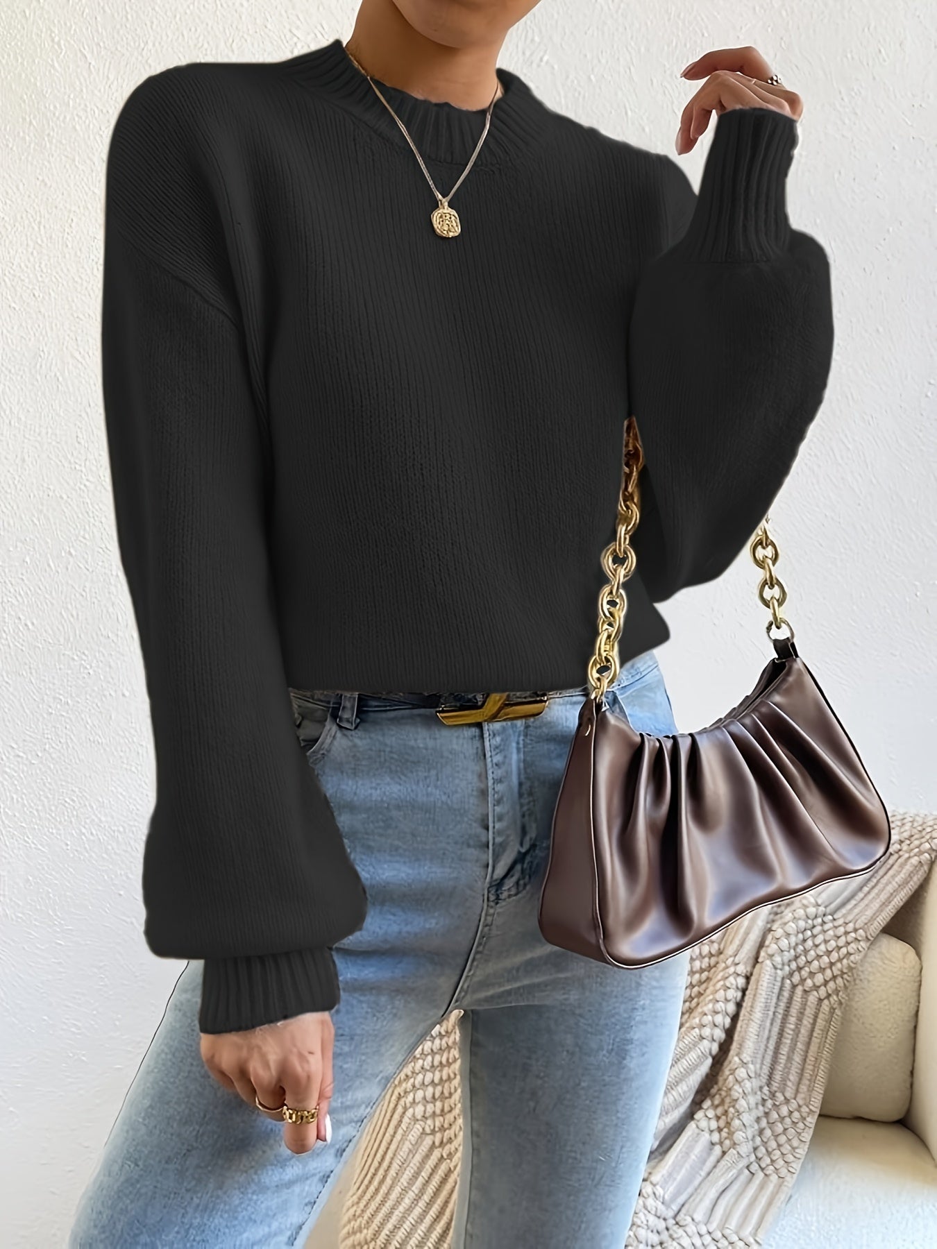 Sixsr Solid Crew Neck Pullover Sweater, Casual Long Sleeve Sweater For Fall & Winter, Women's Clothing