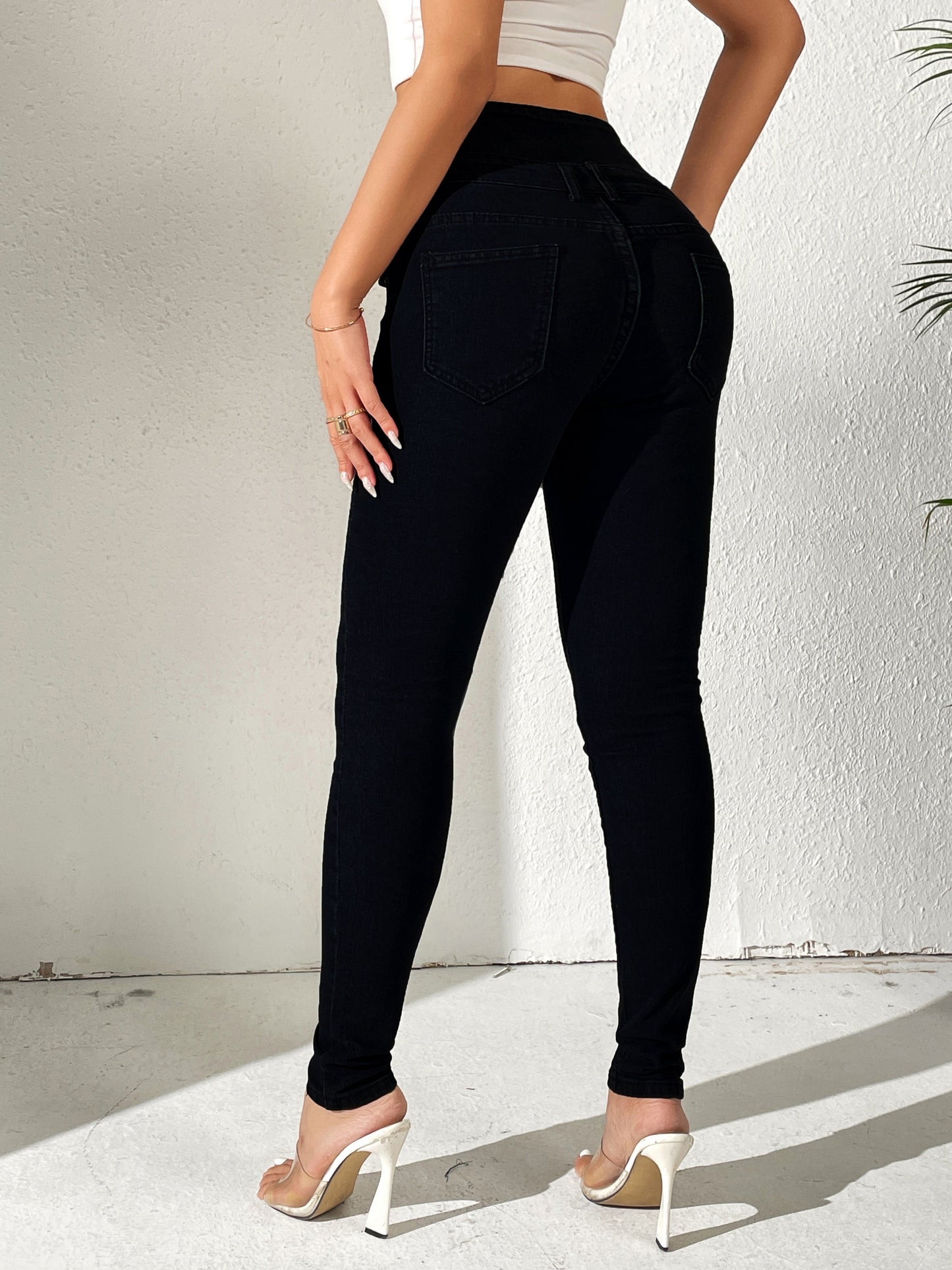 Sixsr High Waist Solid Color Fit Women's Denim, High Stretch Slash Pockets Slim Trousers, Multi Crotch Buttons Curvy Black Pants, Women's Denim & Clothing