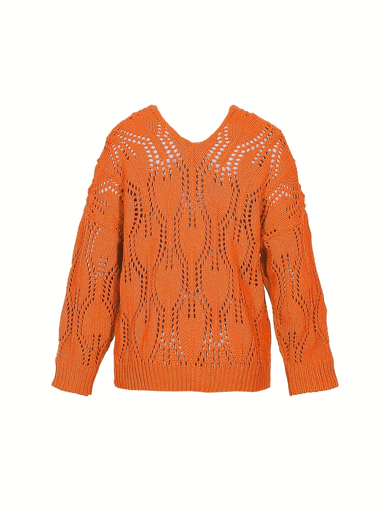 Sixsr Plus Size Casual Sweater, Women's Plus Solid Eyelet Embroidered Long Sleeve V Neck Slight Stretch Pullover Sweater