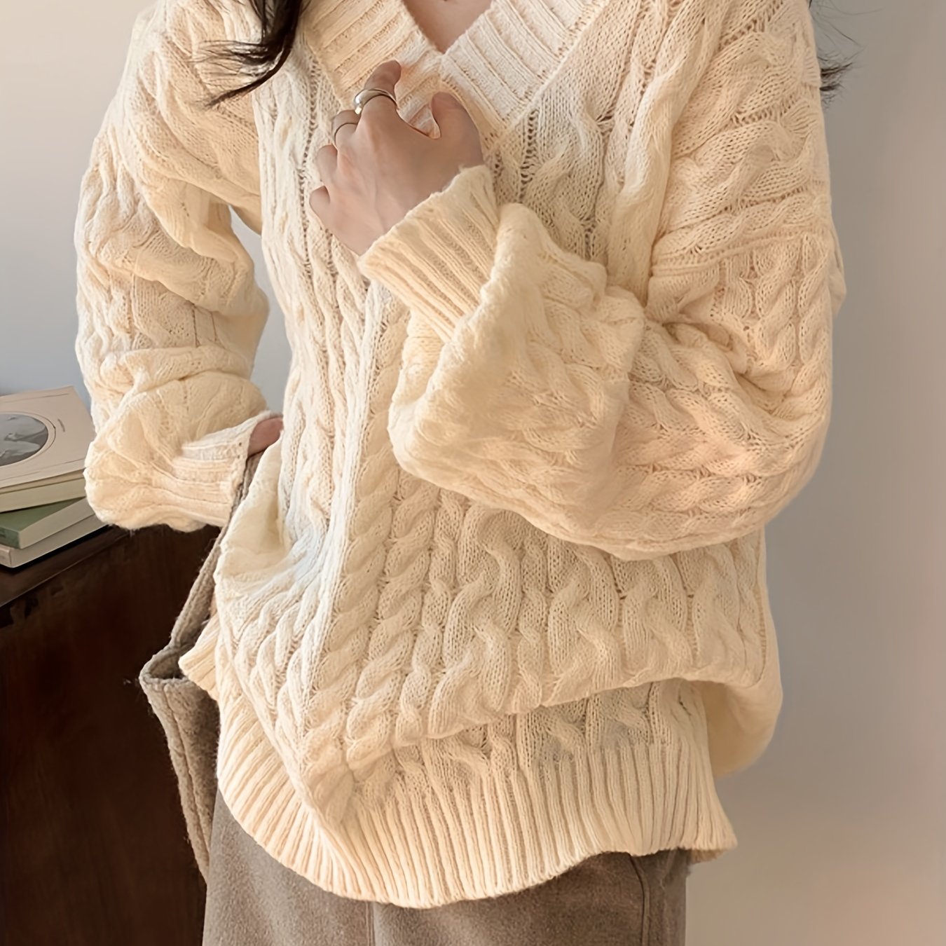 Sixsr Oversized V Neck Knitted Pullover Sweater, Elegant Long Sleeve Sweater For Fall & Winter, Women's Clothing