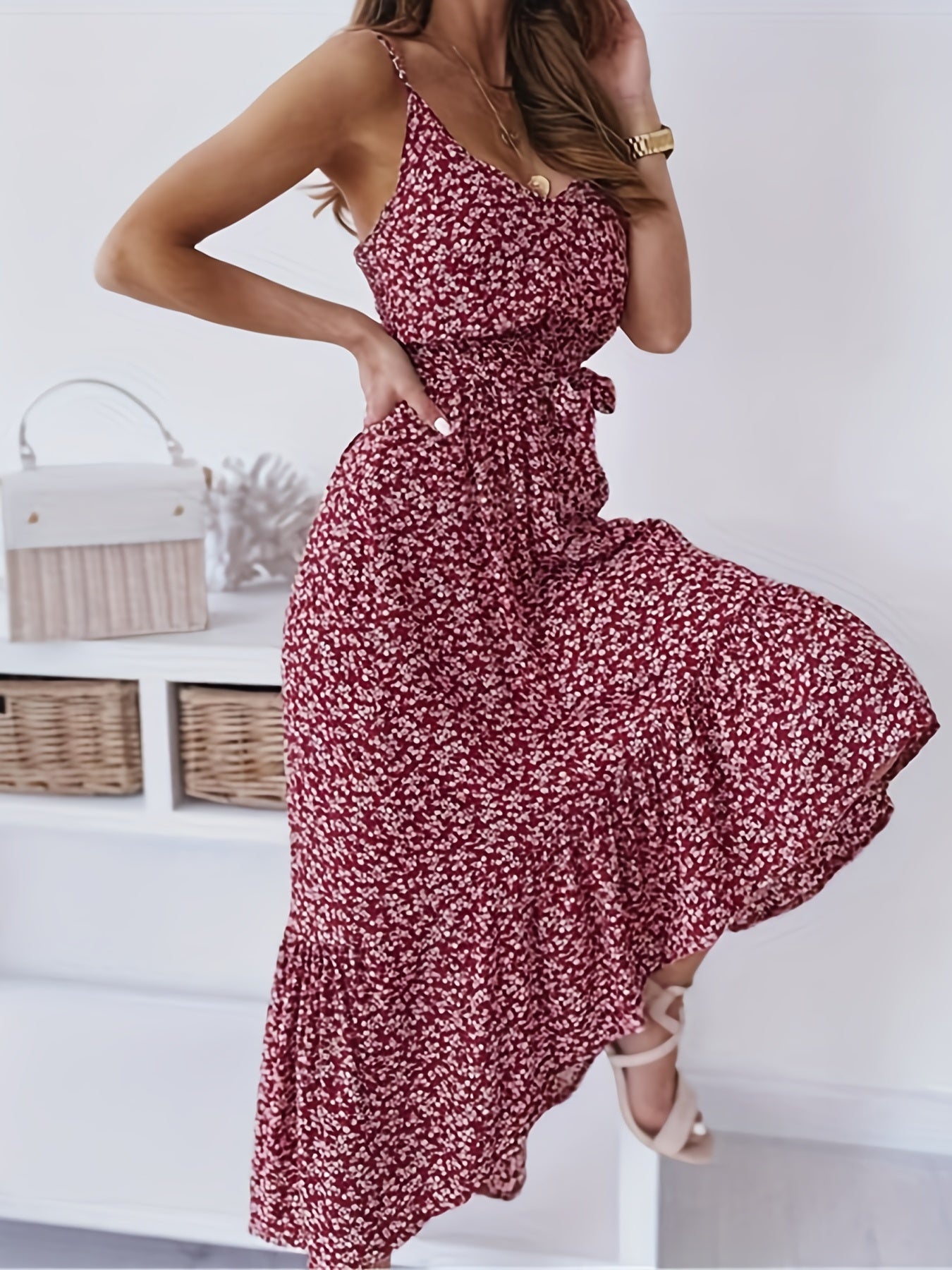 Sixsr Floral Print Cami Dress, Ruffle Hem Vacation Casual Dress For Summer & Spring, Women's Clothing
