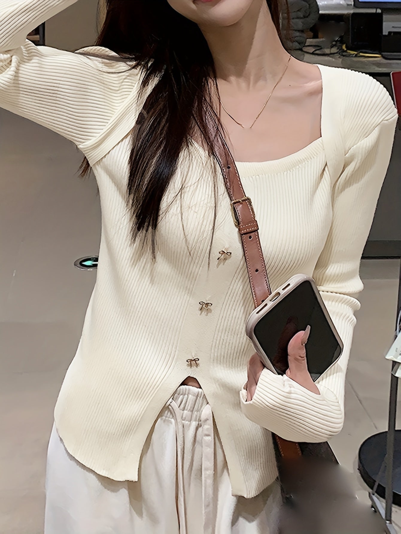 Sixsr Solid Bow Front Knitted Top, Elegant Split Long Sleeve Sweater For Spring & Fall, Women's Clothing