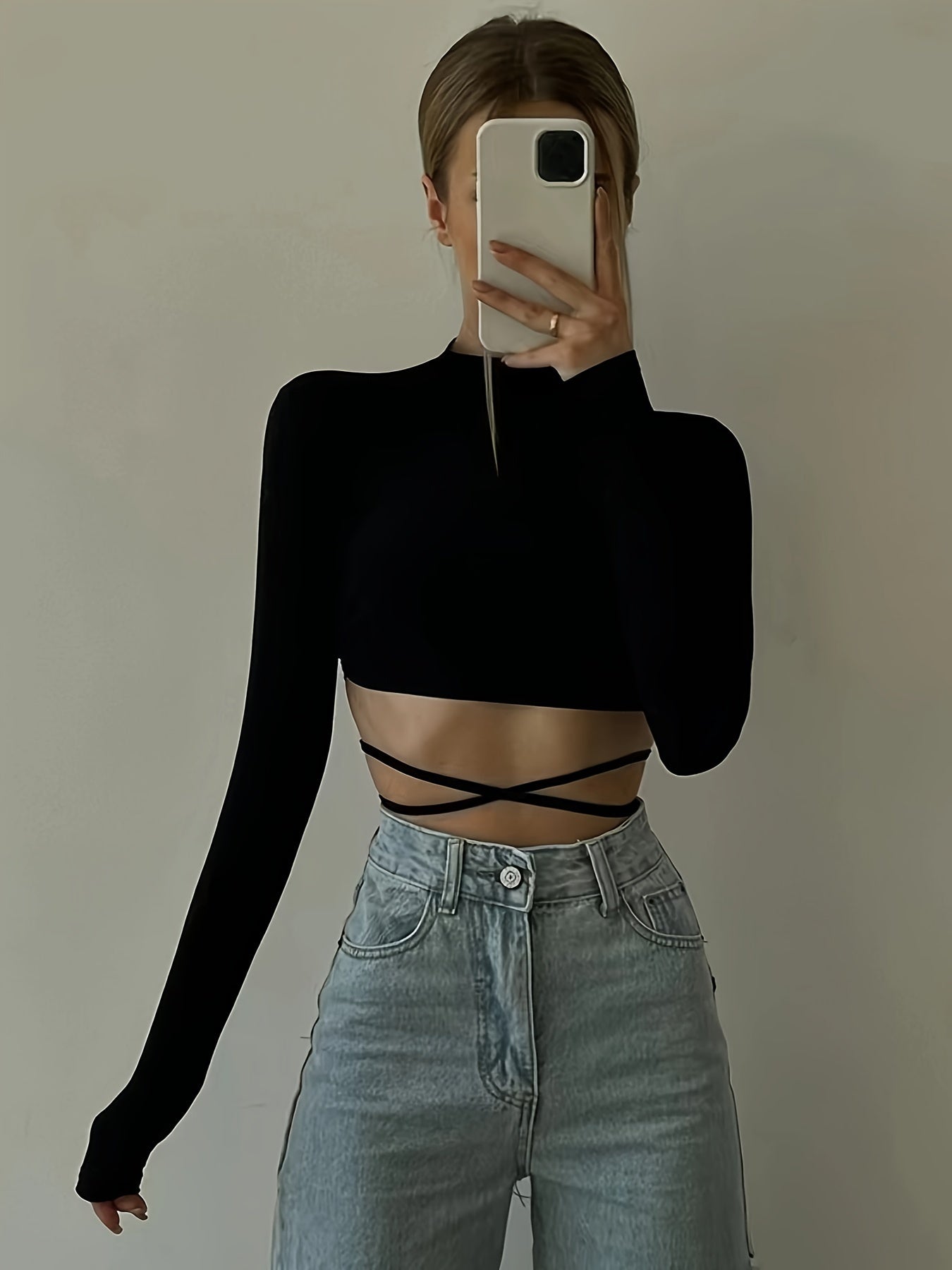 Sixsr Solid Cross Strap Mock Neck Crop T-Shirt, Casual Long Sleeve Top For Spring & Fall, Women's Clothing