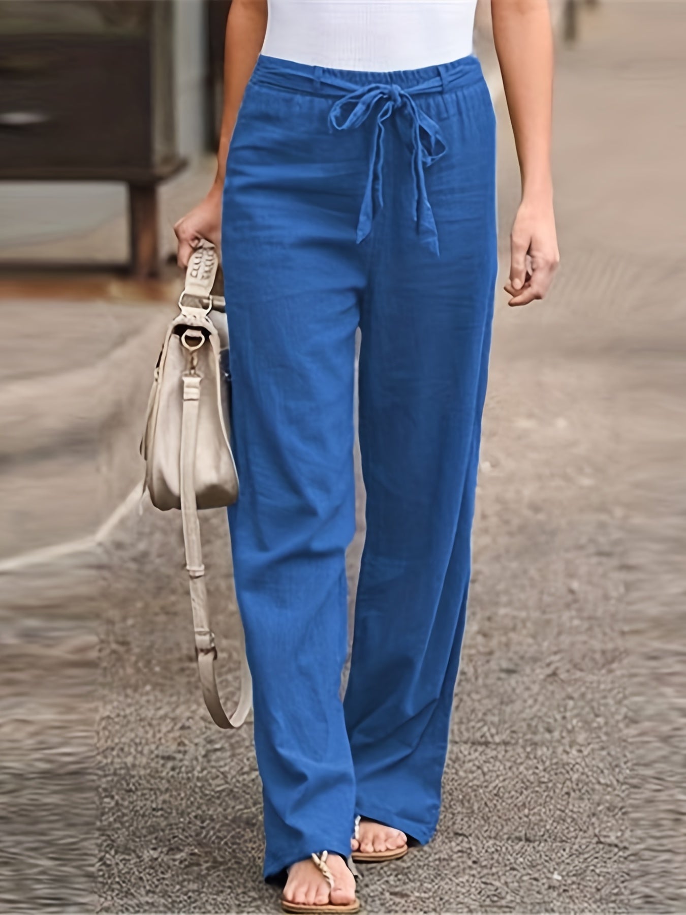 Sixsr Solid Tie Waist Pants, Casual High Waist Wide Leg Long Length Pants, Women's Clothing
