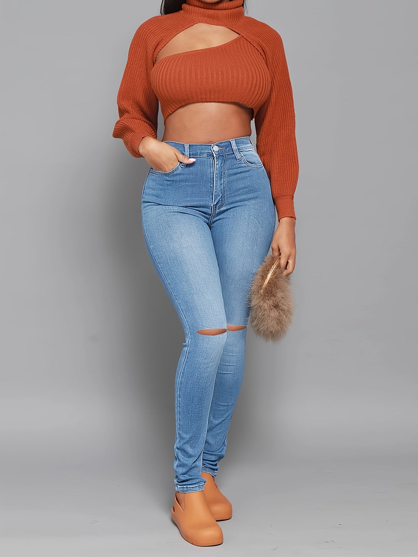Sixsr High Rise Ripped Skinny Jeans, High Waist Curvy Distressed Long Stacked Hem Denim Pants, Women's Denim & Clothing