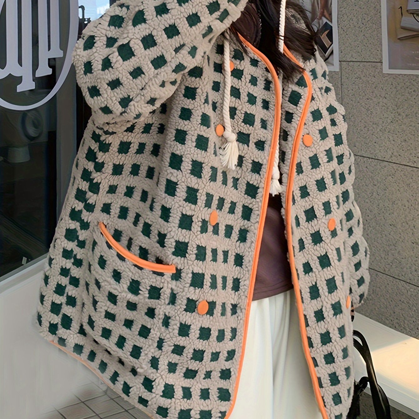 Sixsr Plaid Pattern Double-breasted Coat, Casual Long Sleeve Dual Pocket Warm Outerwear, Women's Clothing