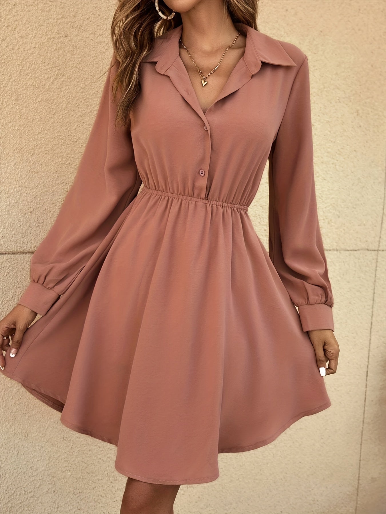 Sixsr Cinched Waist Simple Dress, Casual Button Front Long Sleeve Dress, Women's Clothing