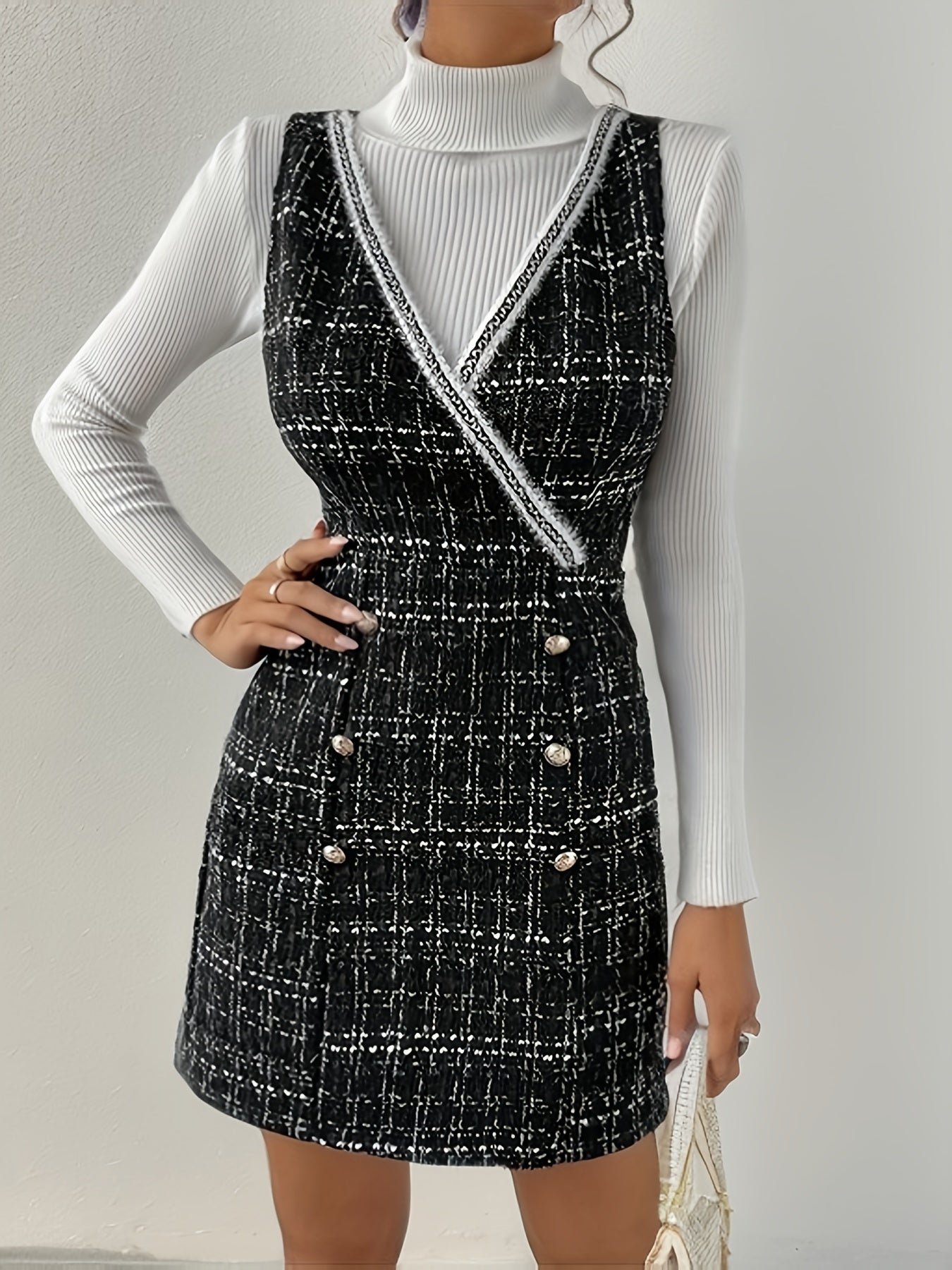 Sixsr Plaid Print Surplice Neck Sleeveless Dress, Elegant Double Breasted Bodycon Dress, Women's Clothing