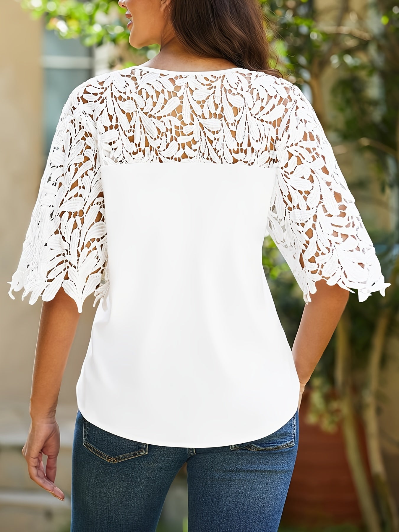 Sixsr Elegant Cut Out Solid T-Shirt, V Neck Petal Sleeve Top For Summer & Spring, Women's Clothing