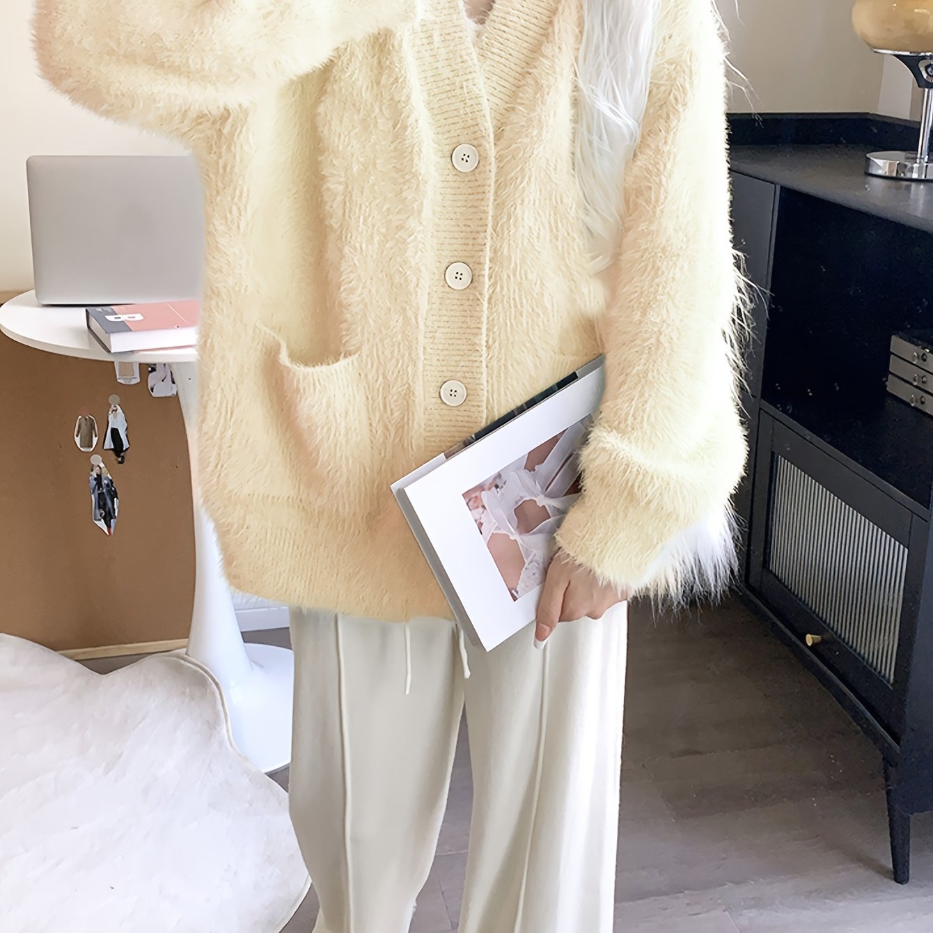 Sixsr Solid Button Down Fleece Knit Cardigan, Casual Long Sleeve Loose Comfy Sweater With Pocket, Women's Clothing