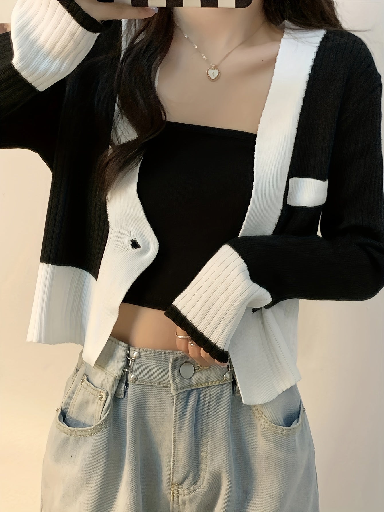 Sixsr Color Block Single Button Knit Cardigan, Casual V Neck Long Sleeve Crop Sweater, Women's Clothing