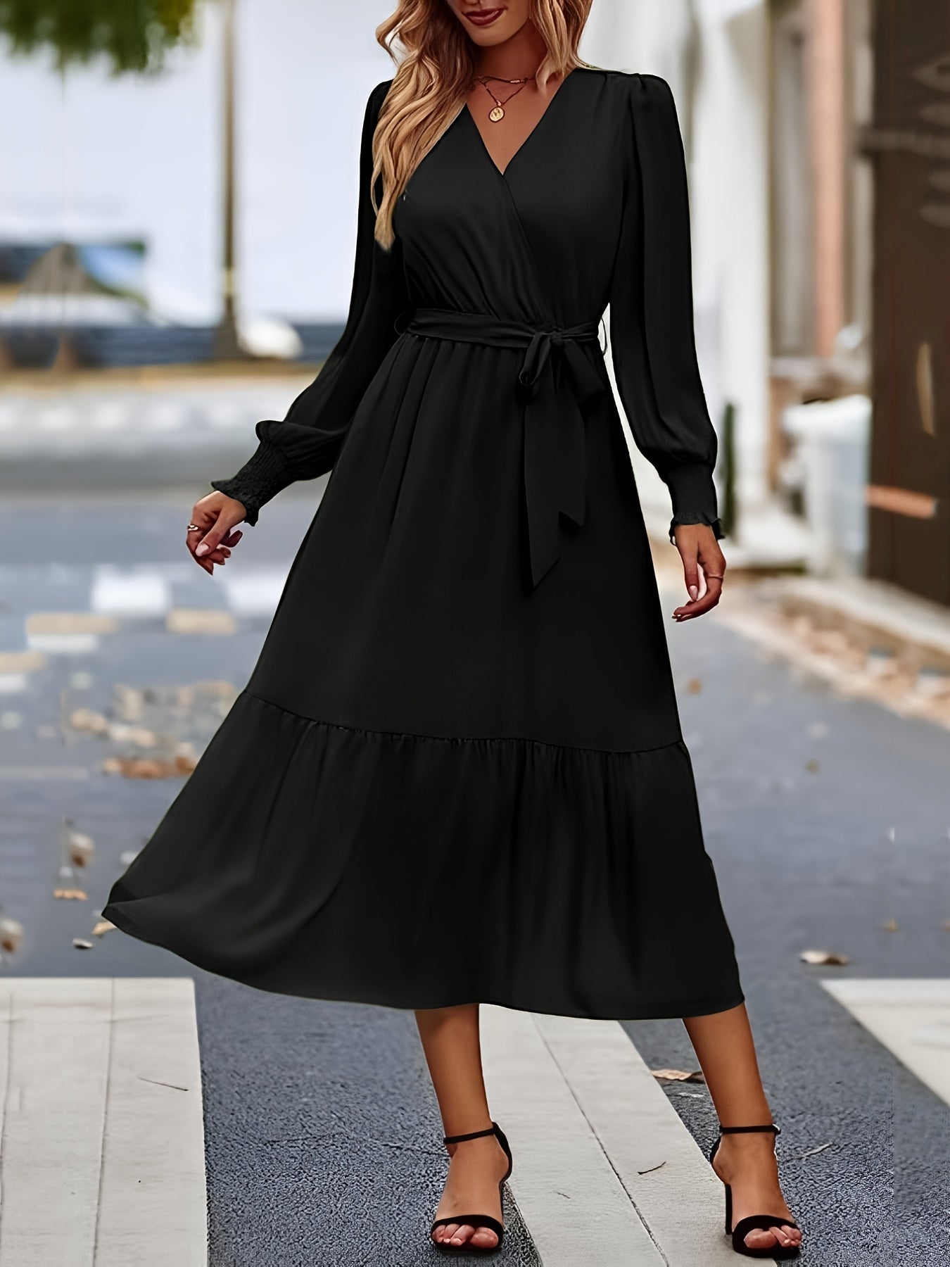 Sixsr Surplice Neck Solid Dress, Casual Long Sleeve Ruffle Hem Dress, Women's Clothing
