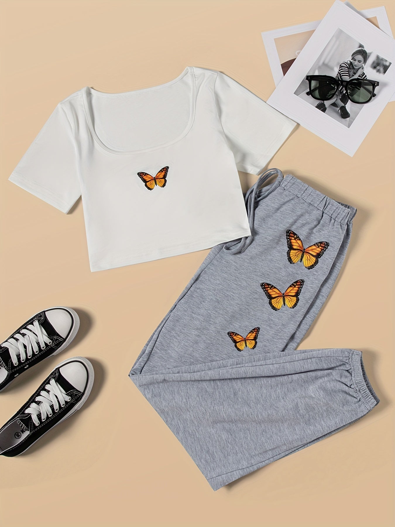 Sixsr Butterfly Print Casual Two-piece Set, Squared Neck Short Sleeve Tops & Drawstring Pants Outfits, Women's Clothing