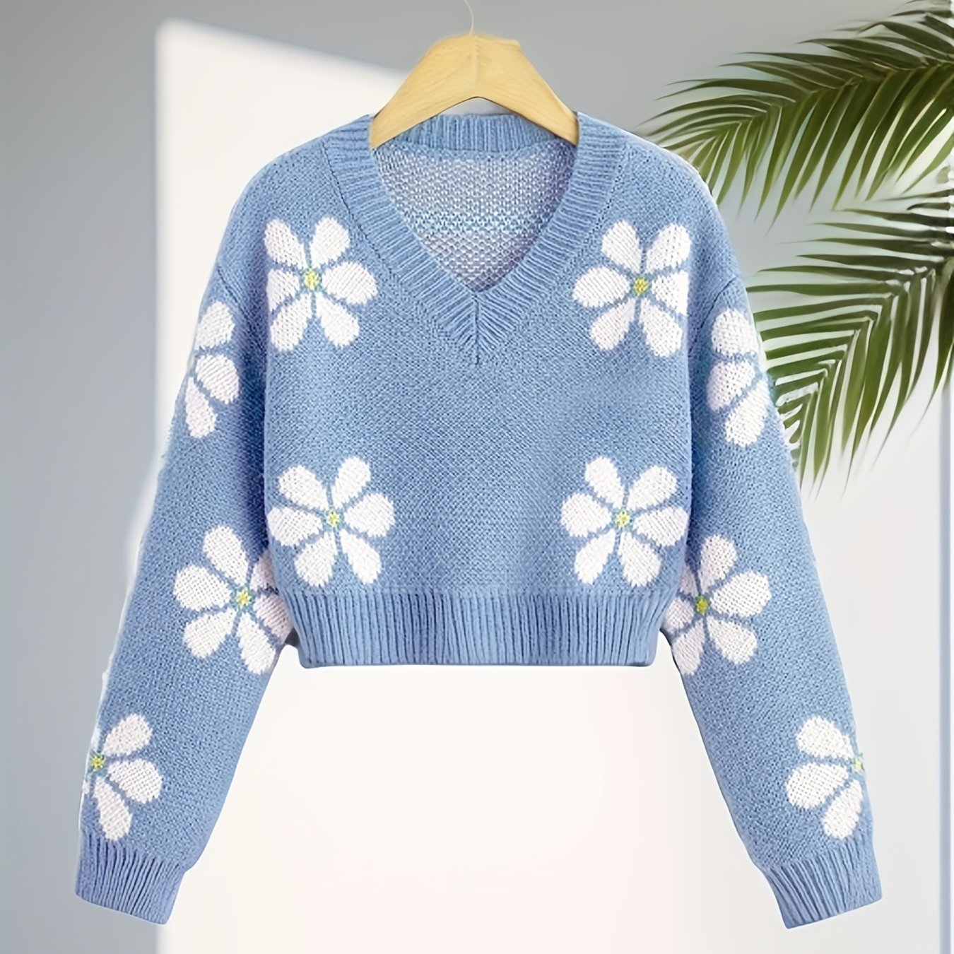 Sixsr Floral Jacquard Girls Drop Shoulder V-neck Knitted Sweater For Fall Winter
