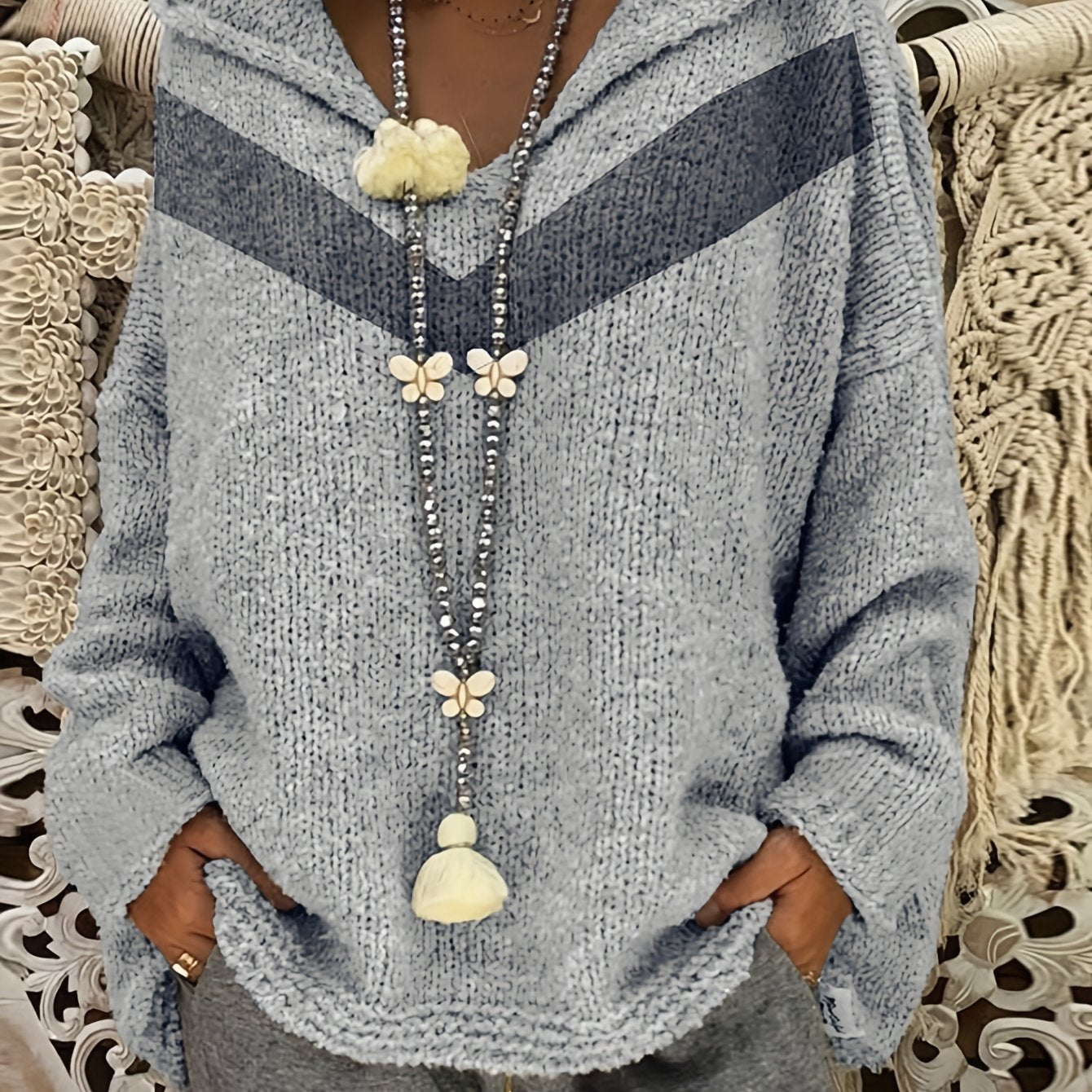 Sixsr Plus Size Casual Sweater, Women's Plus Colorblock Stripe Print Long Sleeve Hooded Jumper