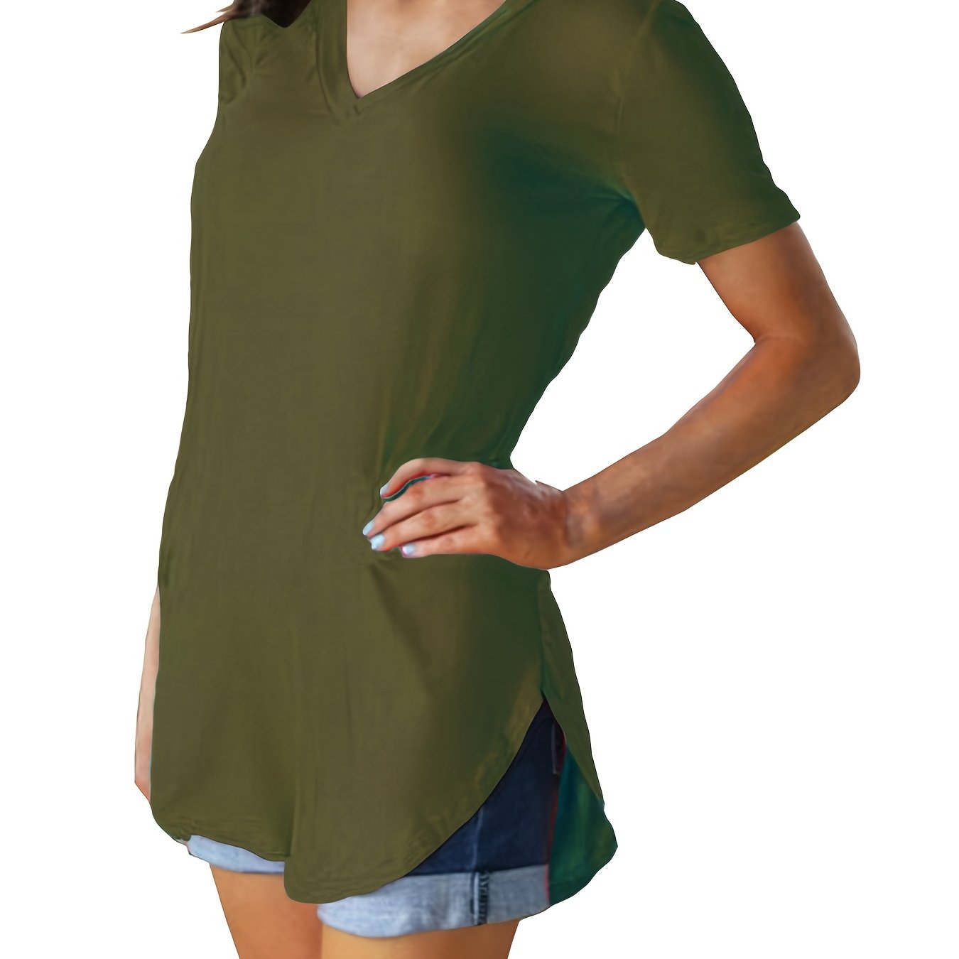Sixsr Hem Arc Spilt Hem T-shirt, Casual V Neck Short Sleeve Summer T-shirt, Women's Clothing