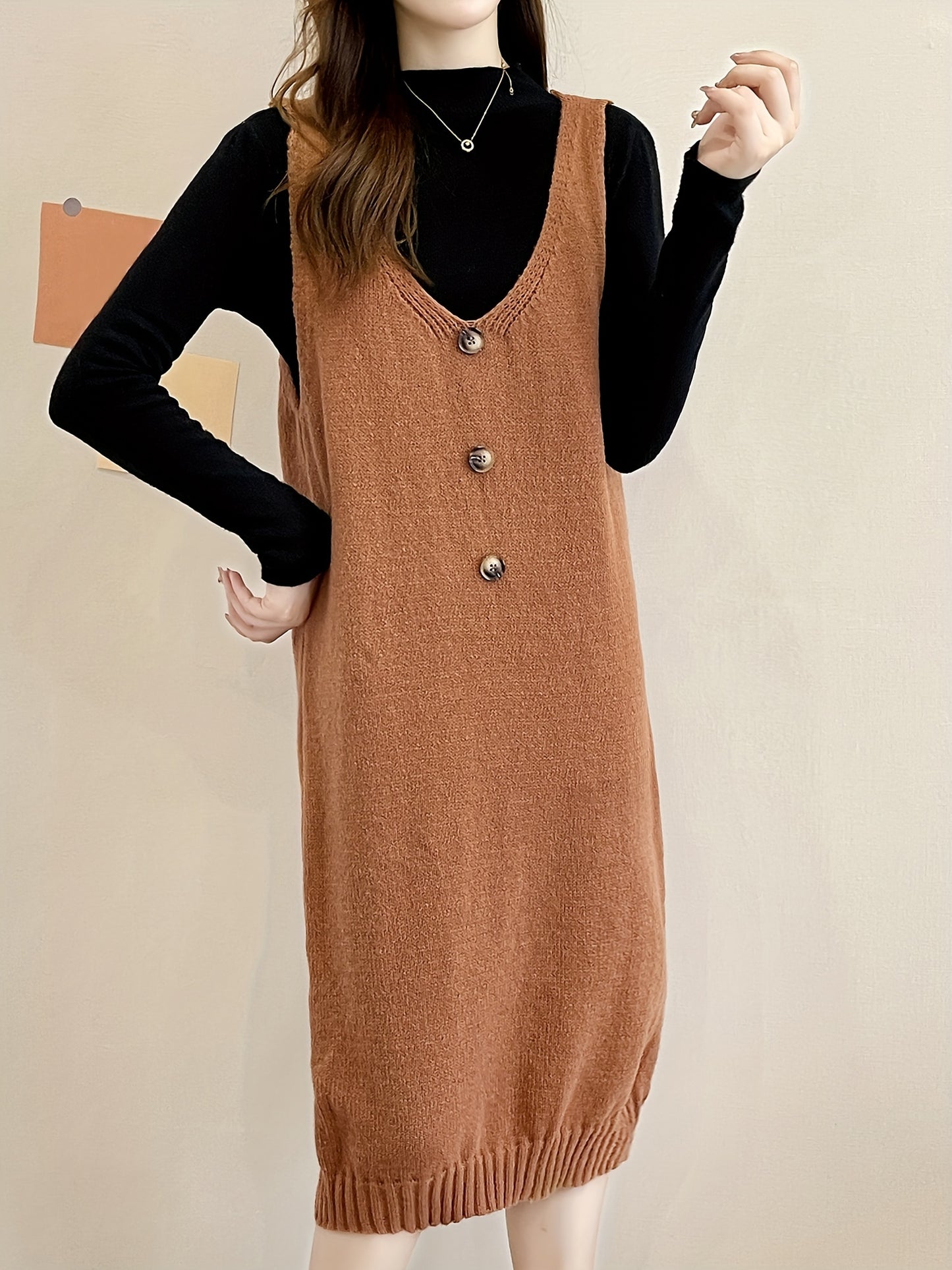 Sixsr Plunging Solid Midi Dress, Elegant Sleeveless Knitted Dress With Buttons, Women's Clothing