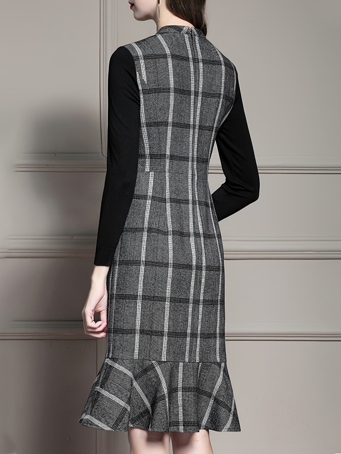 Sixsr Plaid Print Mermaid Hem Dress, Elegant Long Sleeve Bodycon Party Dress, Women's Clothing