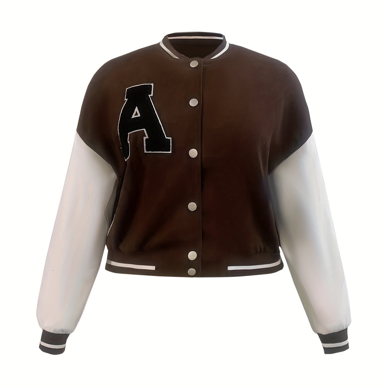 Sixsr Plus Size Casual Jacket, Women's Plus Colorblock Letter Patch Button Long Sleeve Bomber Jacket