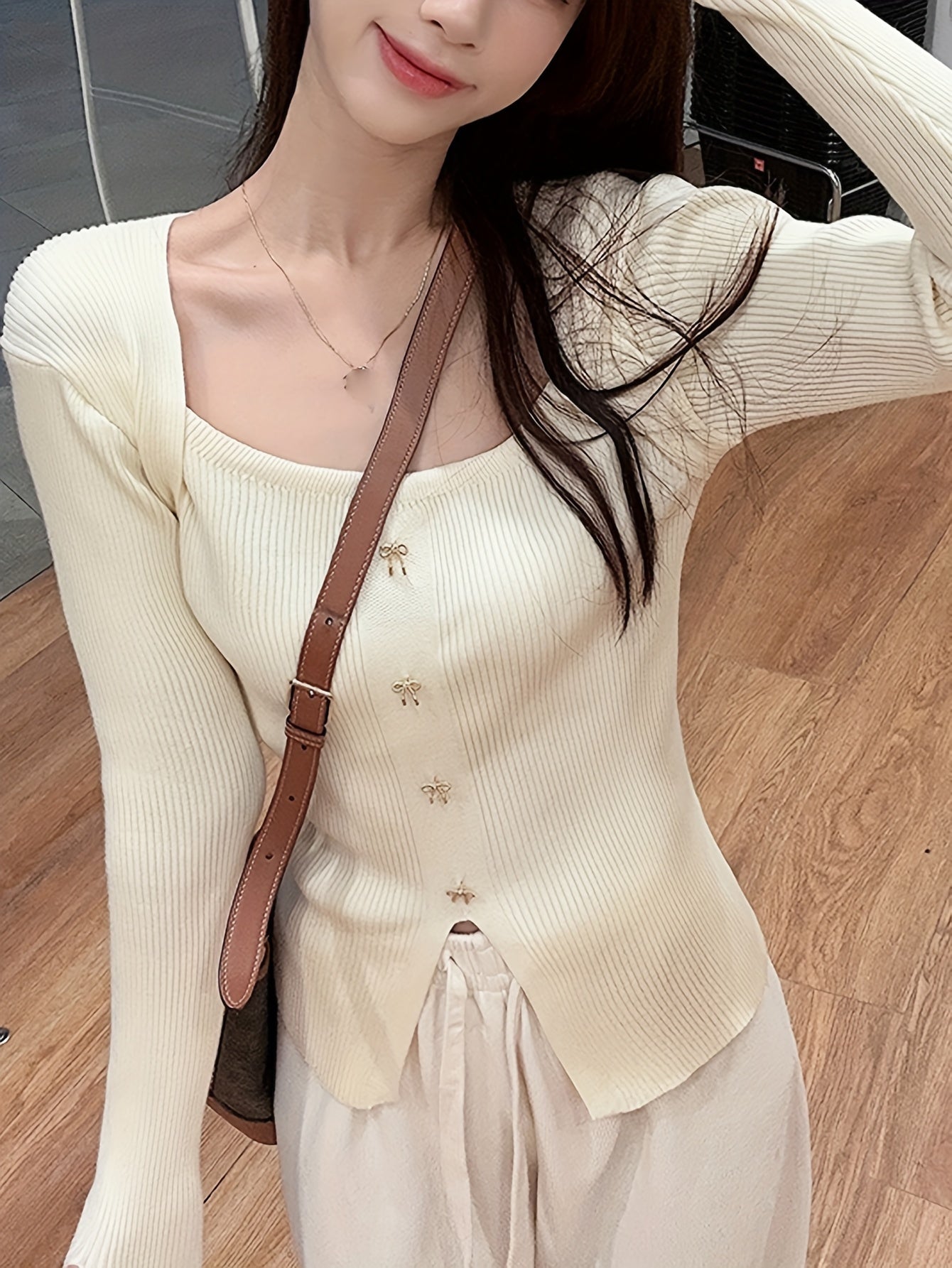 Sixsr Solid Bow Front Knitted Top, Elegant Split Long Sleeve Sweater For Spring & Fall, Women's Clothing