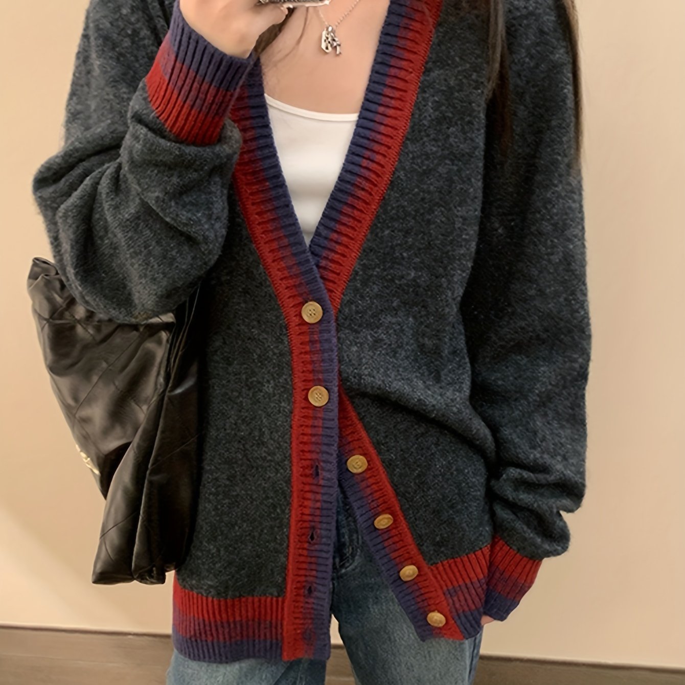 Sixsr Contrast Trim Button Down Knit Cardigan, Casual Long Sleeve Loose Sweater, Women's Cothing