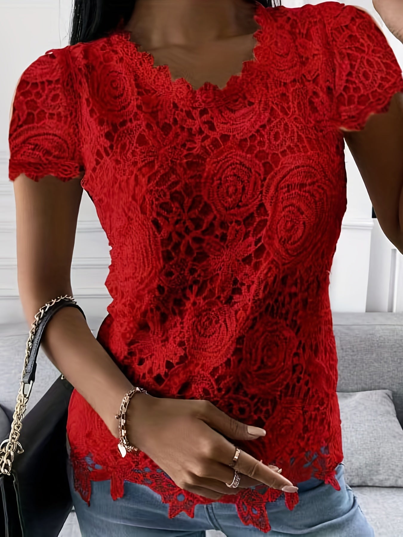 Sixsr Lace Crew Neck T-Shirt, Elegant Short Sleeve T-Shirt For Spring & Summer, Women's Clothing