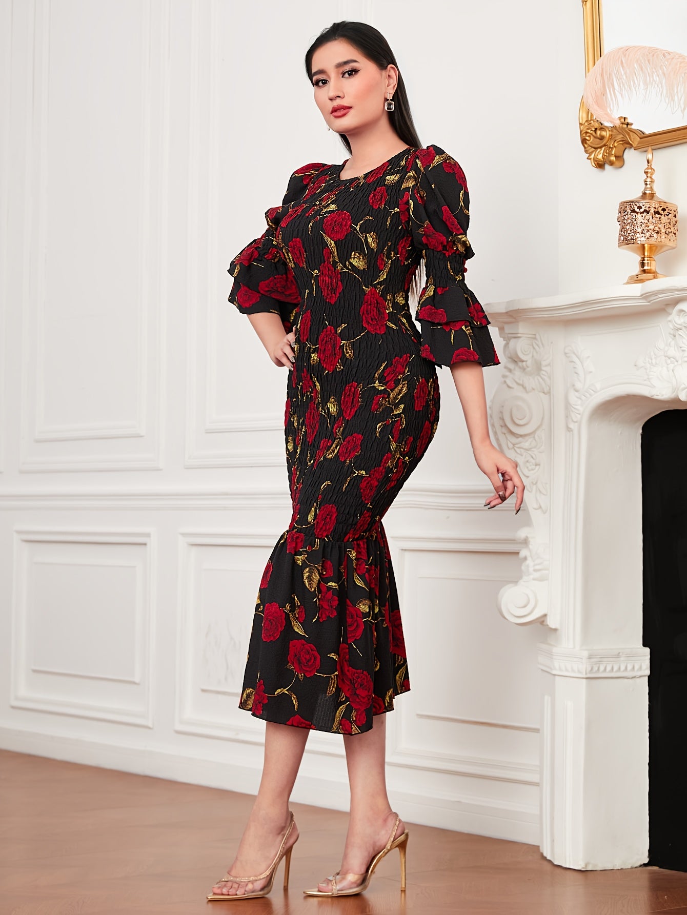Sixsr Floral Print Layered Dress, Elegant Crew Neck Ruffle Hem Dress, Women's Clothing