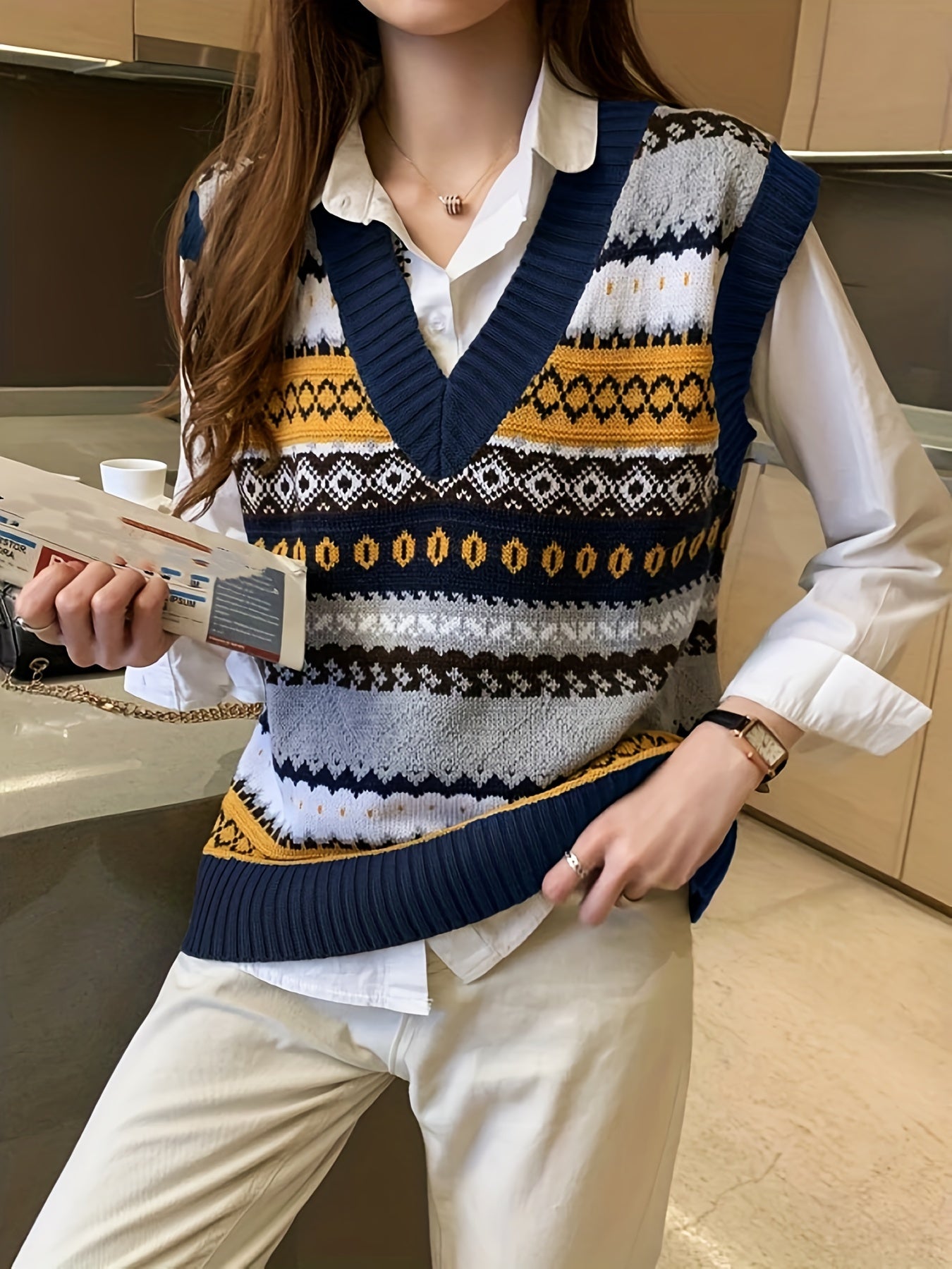 Sixsr Geo Pattern V-neck Sweater Vest, Vintage Sweater Vest For Fall & Winter, Women's Clothing