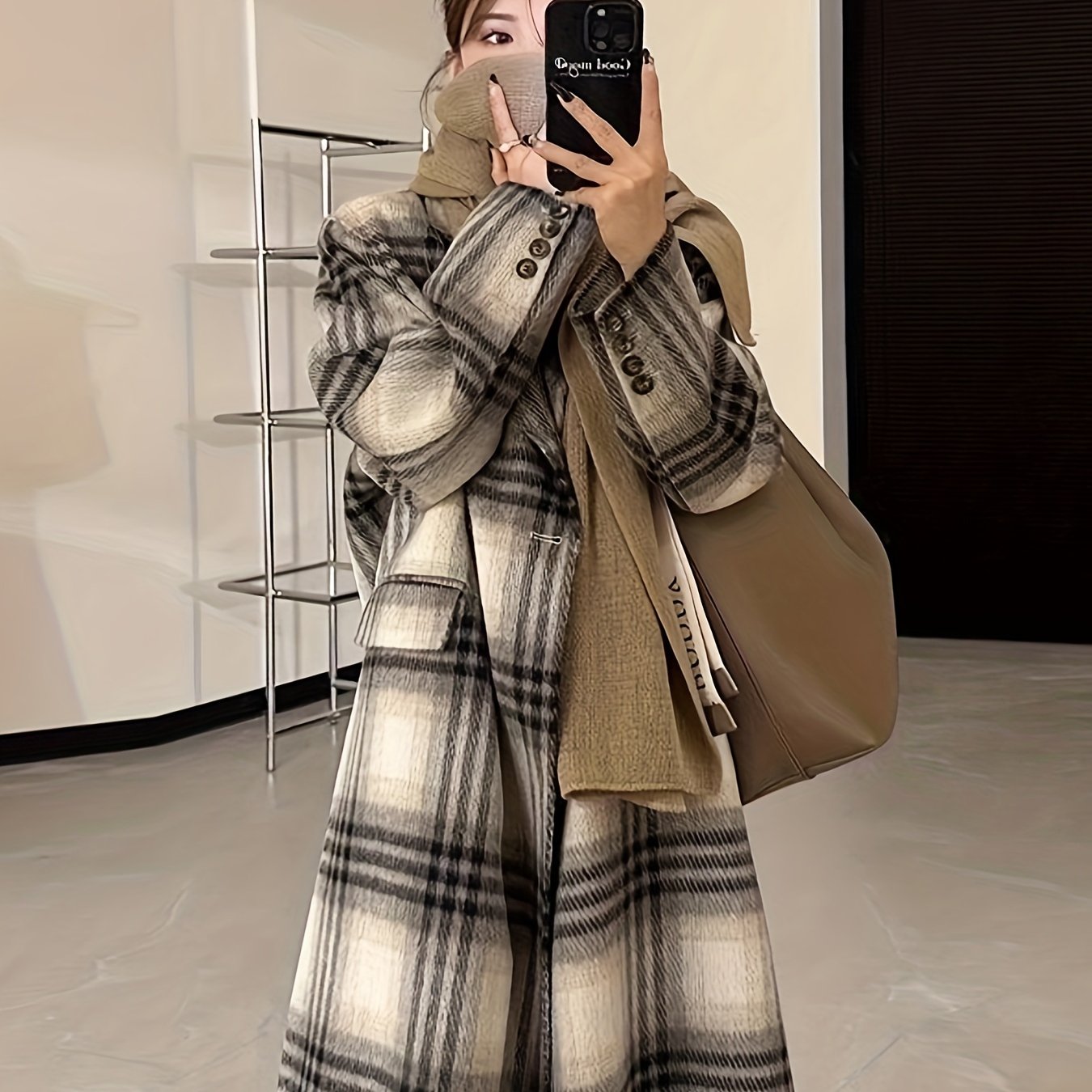 Sixsr Plaid Print Double-breasted Coat, Casual Long Sleeve Notched Collar Coat For Fall & Winter, Women's Clothing