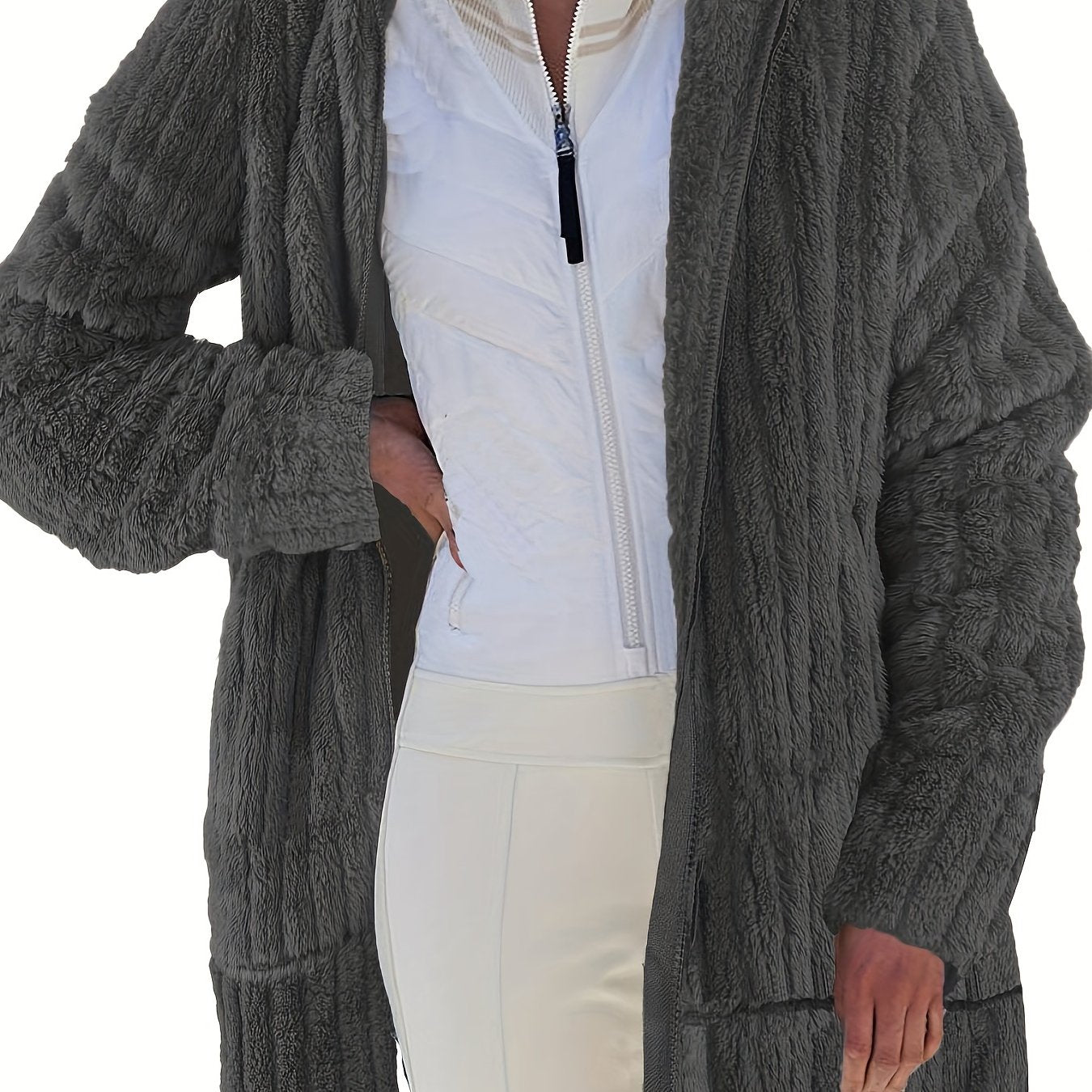 Sixsr Plus Size Casual Coat, Women's Plus Solid Ribbed Fuzzy Fleece Zip Up Long Sleeve Hooded Overcoat With Pockets