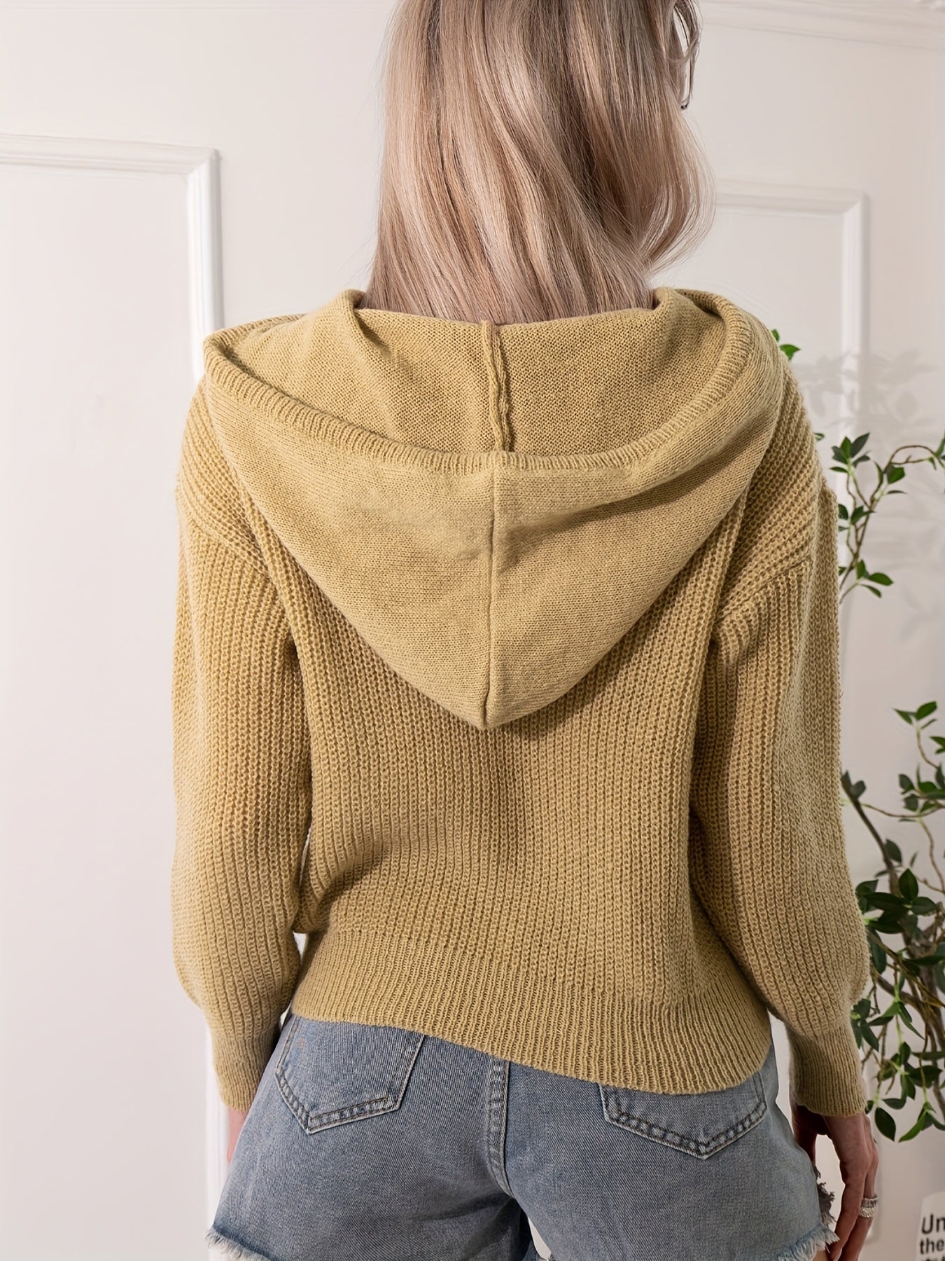 Sixsr Solid Button Drawstring Hooded Sweater, Casual Long Sleeve Fashion Sweater, Women's Clothing