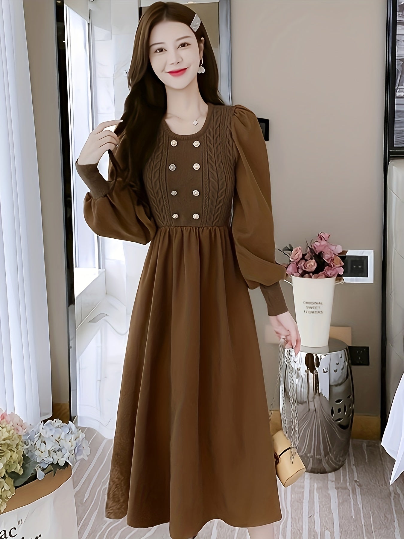 Sixsr Crew Neck Knitted Maxi Dress, Elegant Solid Color Button Long Sleeve Sweater A-line Dress For Fall & Winter, Women's Clothing