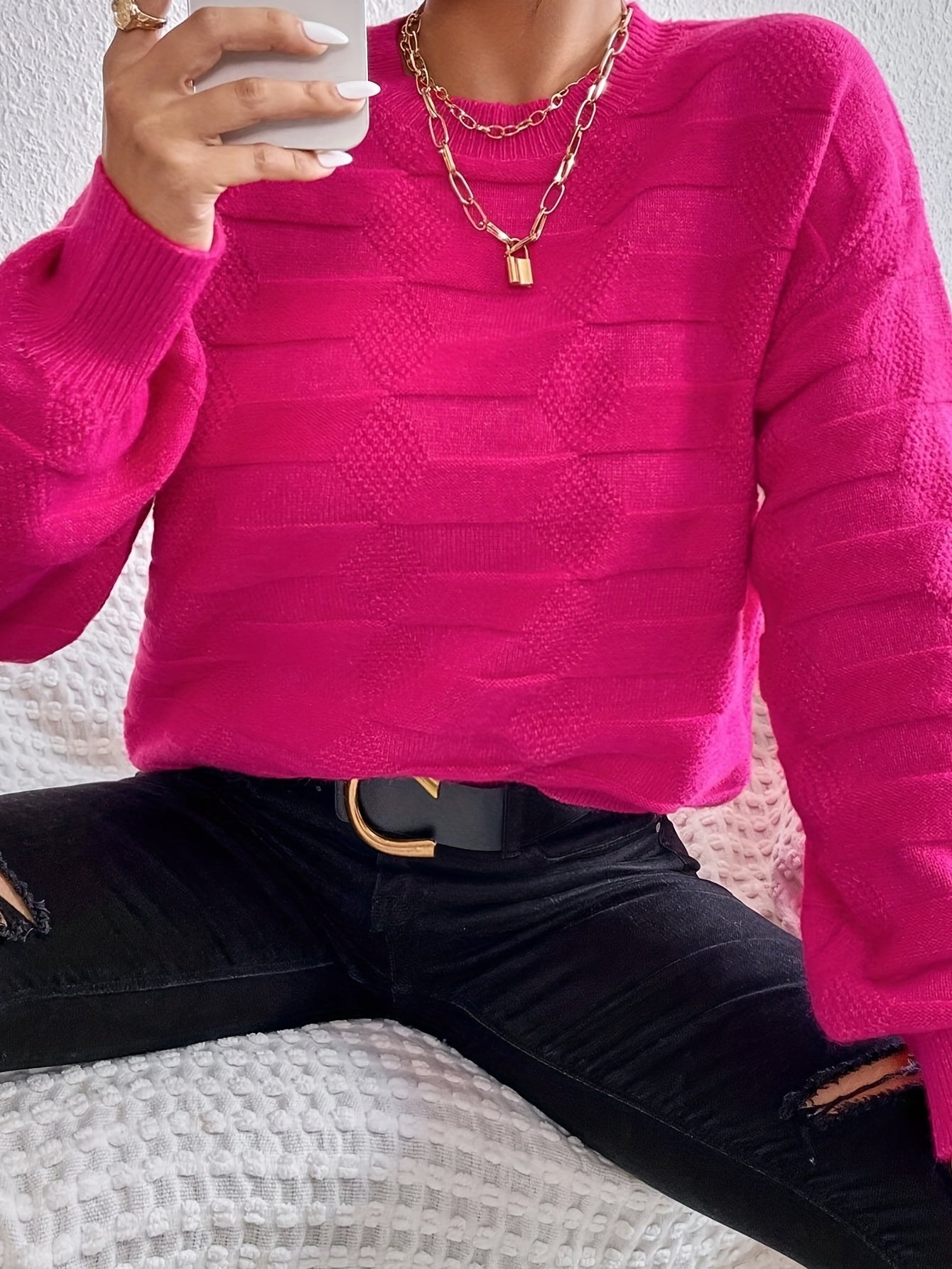 Sixsr Crew Neck Pullover Sweater, Slouchy Sweater Fall Winter Solid Loose Jumper Tops, Women's Clothings