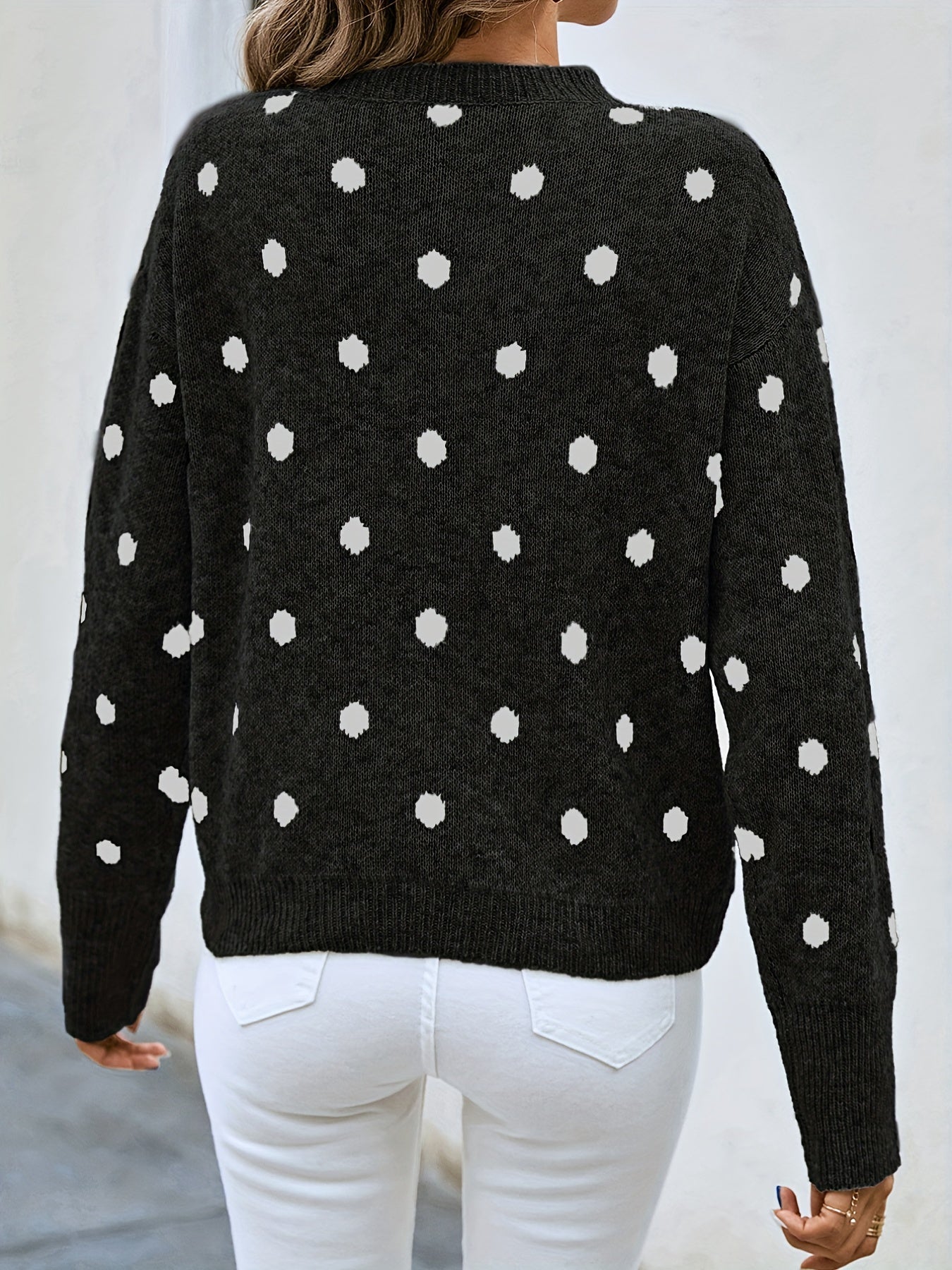 Sixsr Polka Dot Crew Neck Pullover Sweater, Casual Long Sleeve Sweater For Fall & Winter, Women's Clothing