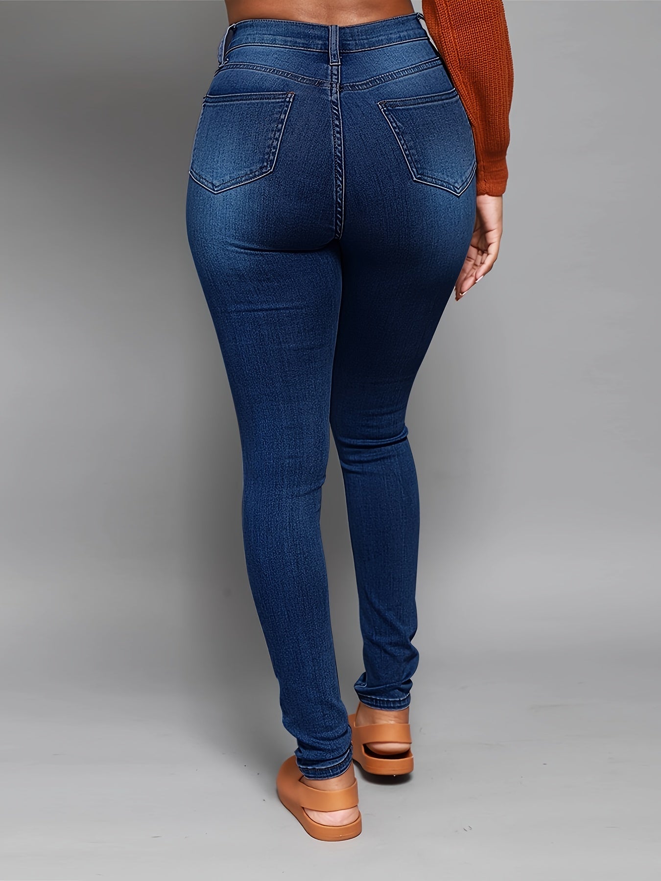 Sixsr High Rise Ripped Skinny Jeans, High Waist Curvy Distressed Long Stacked Hem Denim Pants, Women's Denim & Clothing