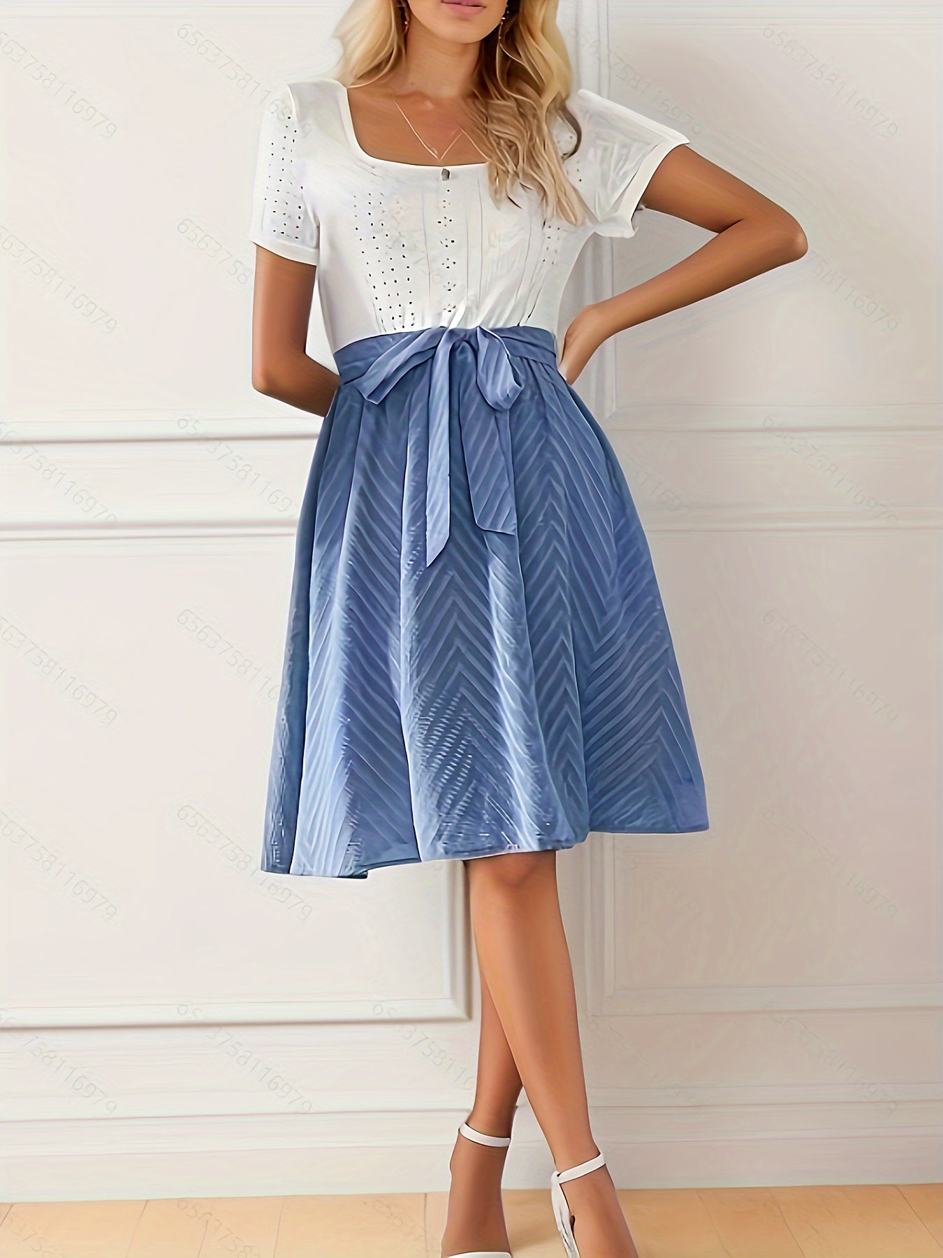 Sixsr Color Block Simple Dress, Elegant Squared Neck Short Sleeve Dress, Women's Clothing