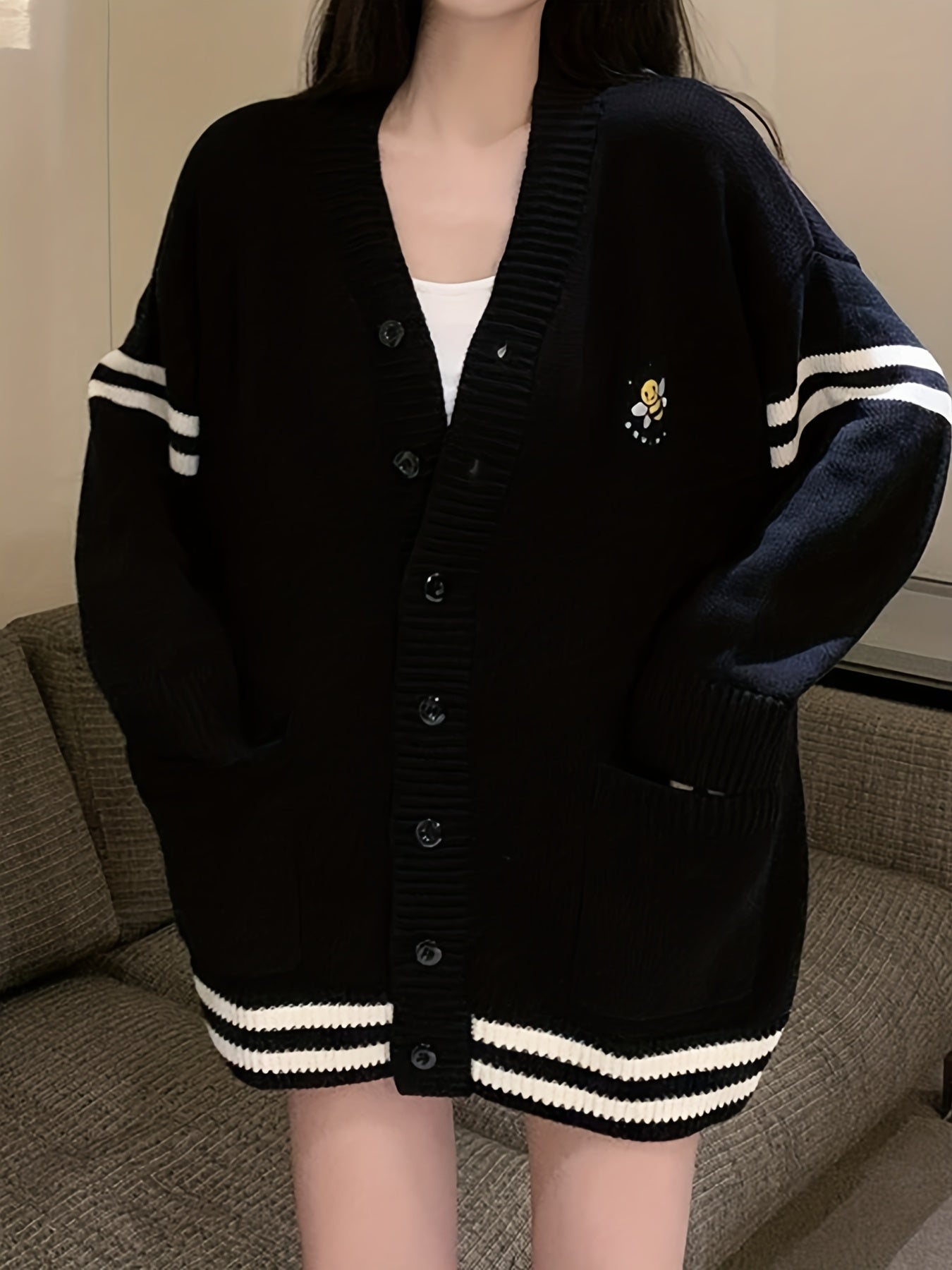 Sixsr Bee Embroidered Striped Cardigan, Casual Long Sleeve Cardigan For Fall & Winter, Women's Clothing