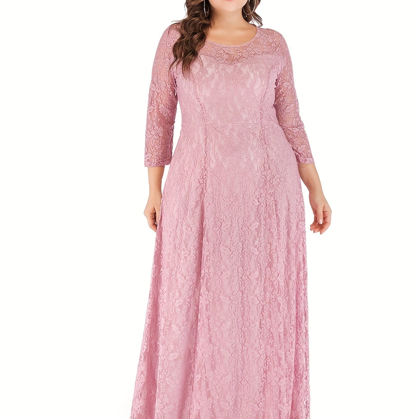 Sixsr Plus Size Romantic Wedding Dress, Women's Plus Floral Lace Long Sleeve Round Neck Lined Formal Party Dress