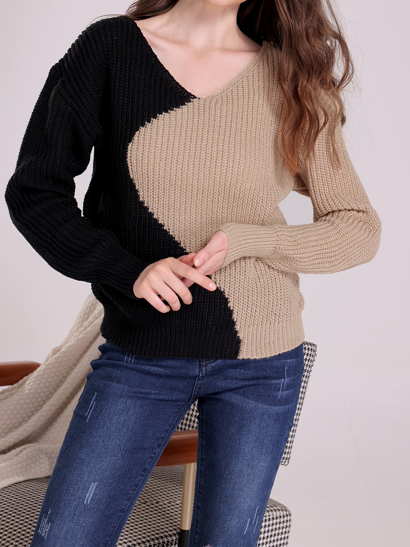 Sixsr Color Block Drop Shoulder Sweater, Casual V-neck Long Sleeve Sweater, Women's Clothing