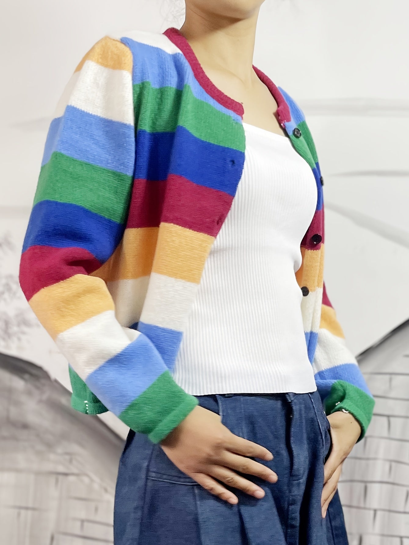 Sixsr Rainbow Striped Button Up Knit Cardigan, Boho Crew Neck Long Sleeve Sweater, Women's Clothing