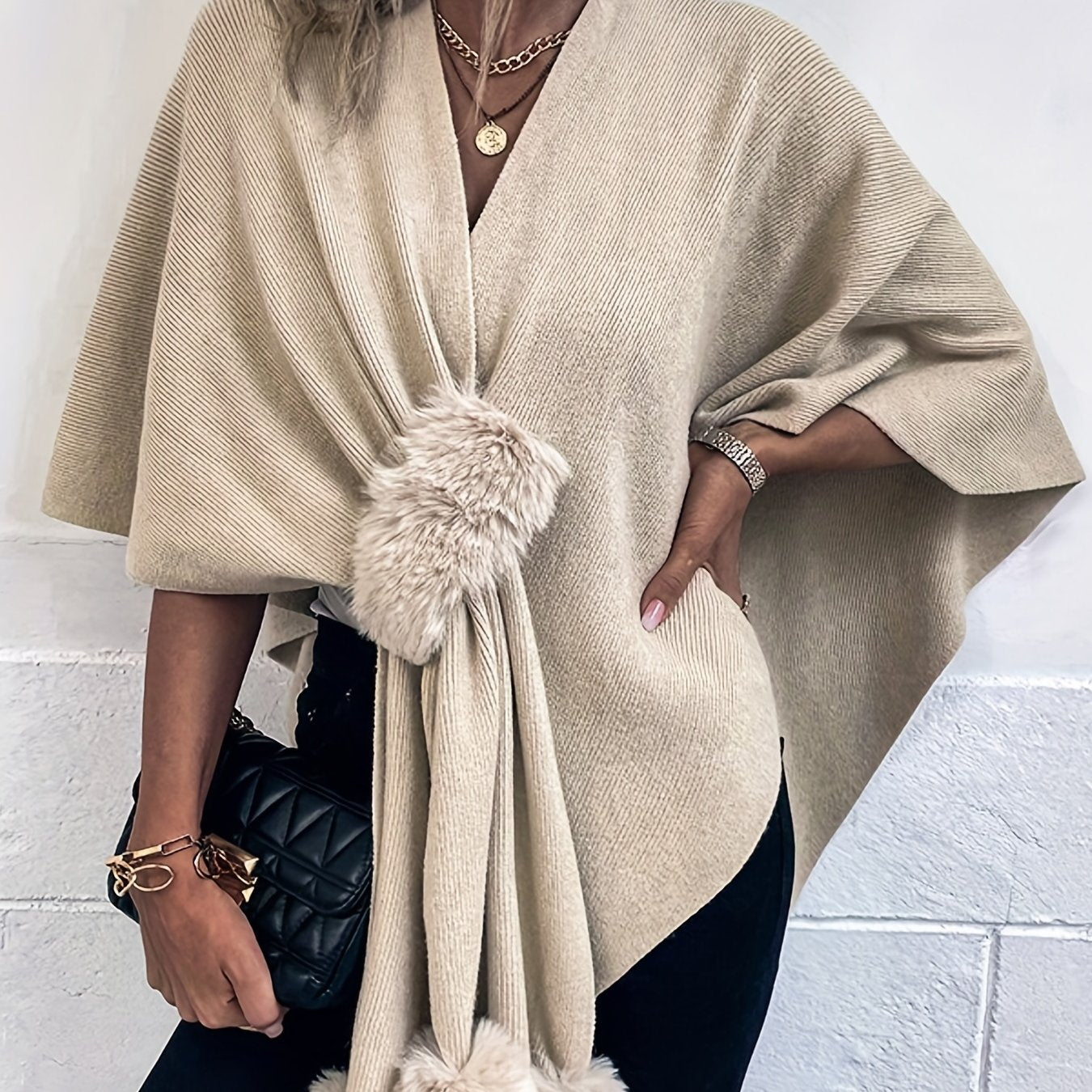 Fluffy Cape Cardigan, Casual V Neck Solid Knit Sweater, Women's Clothing