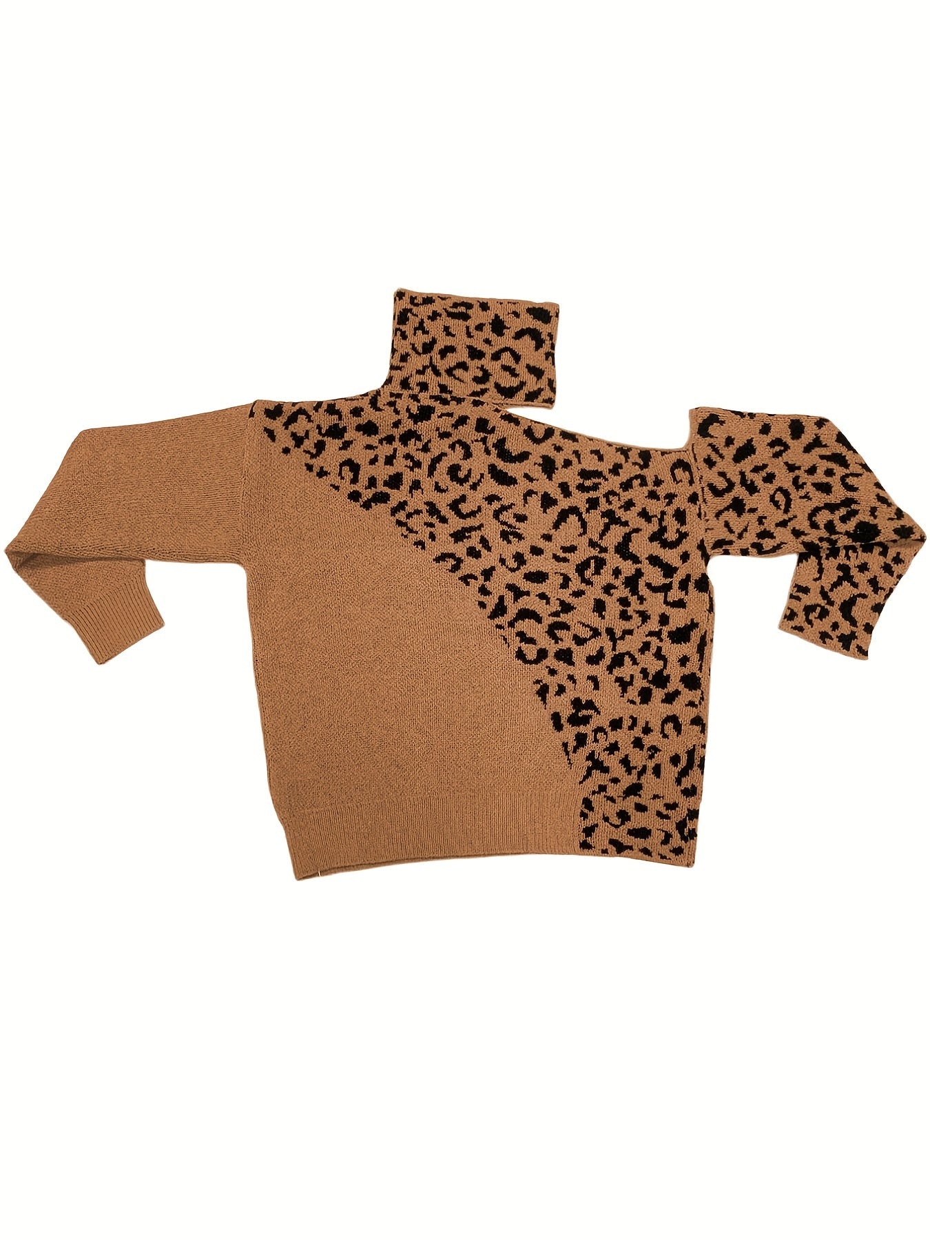 Sixsr Plus Size Casual Sweater, Women's Plus Leopard One Shoulder Long Sleeve Mock Neck Pullover Jumper