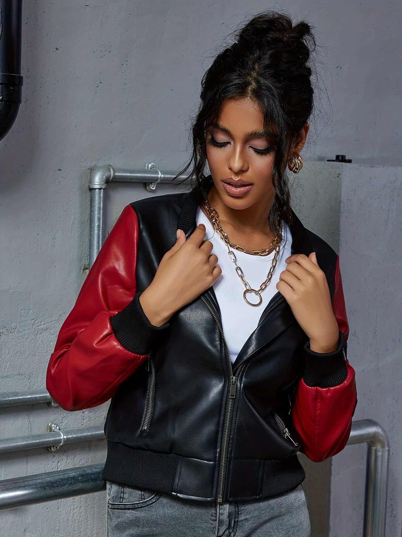 Sixsr Color Block Faux Leather Jacket, Vintage Zipper Pockets Jacket For Fall & Winter, Women's Clothing