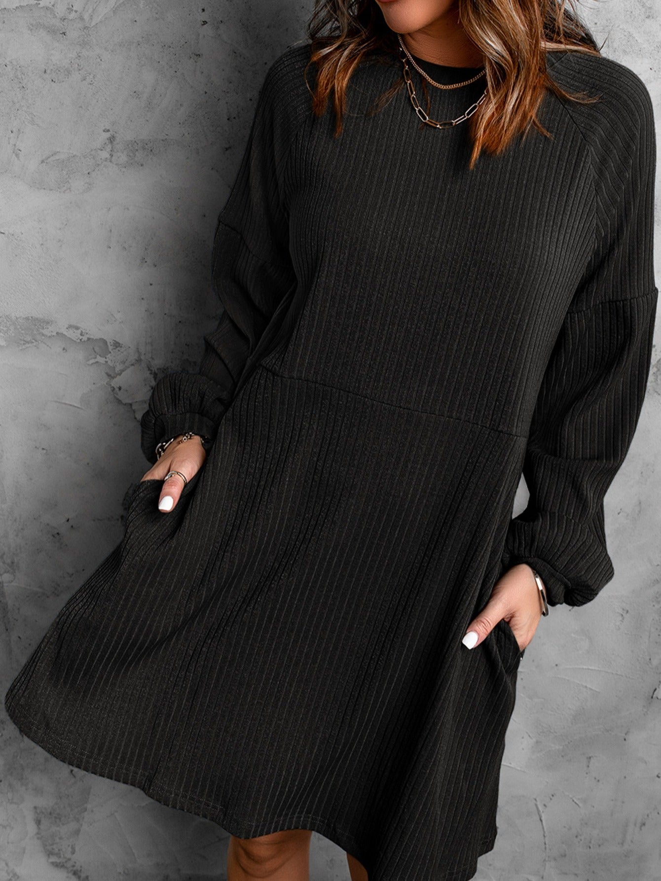 Sixsr Women's Dresses Round Neck Empire Waist Ribbed Knit Dresses