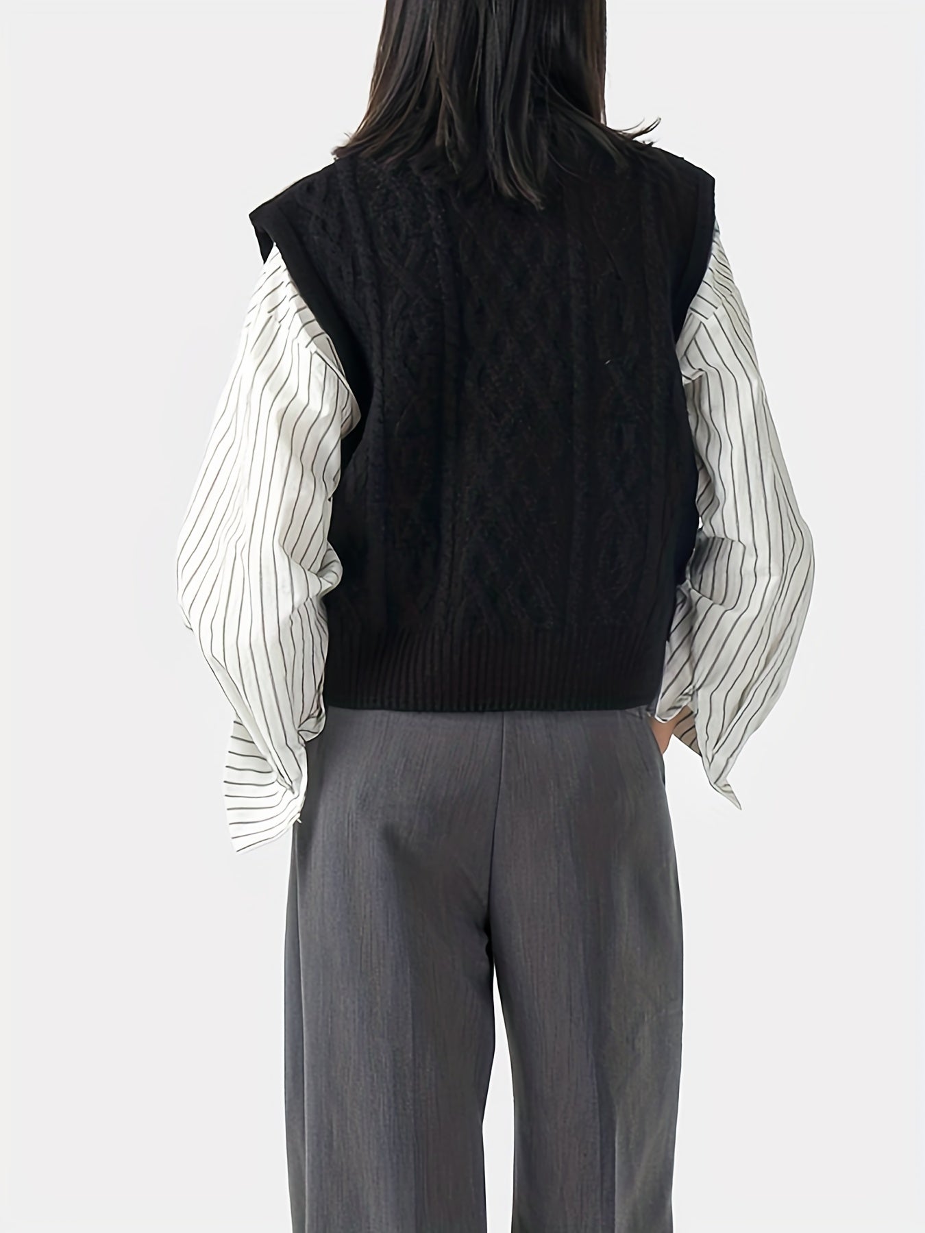Sixsr Solid Chunky Knitted Sweater Vest, Vintage Crew Neck Sweater Vest For Fall & Winter, Women's Clothing