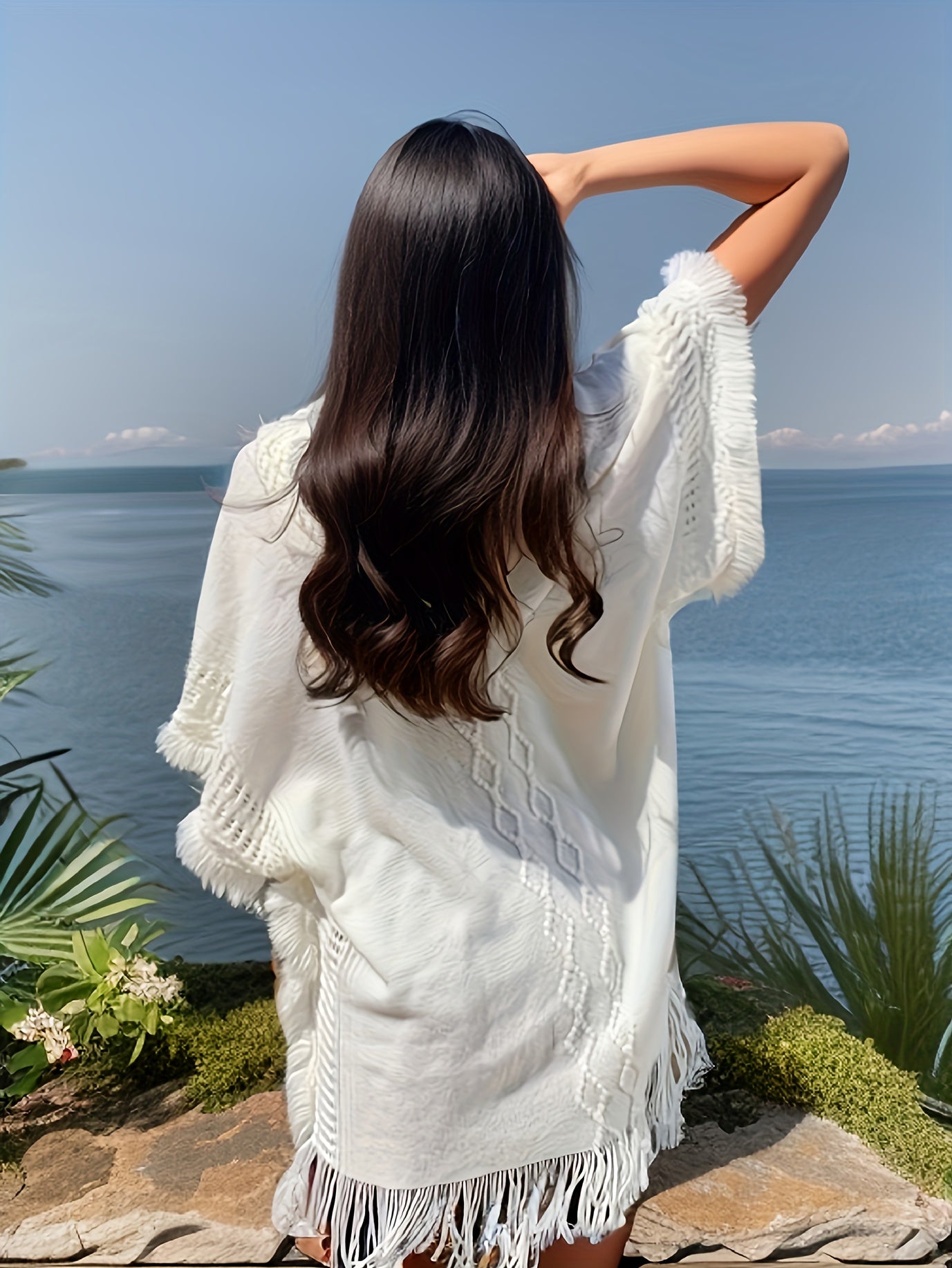 Sixsr Solid Tassel Trim Hooded Cape Sweater, Casual Button Side Shawl Fashion Sweater, Women's Clothing