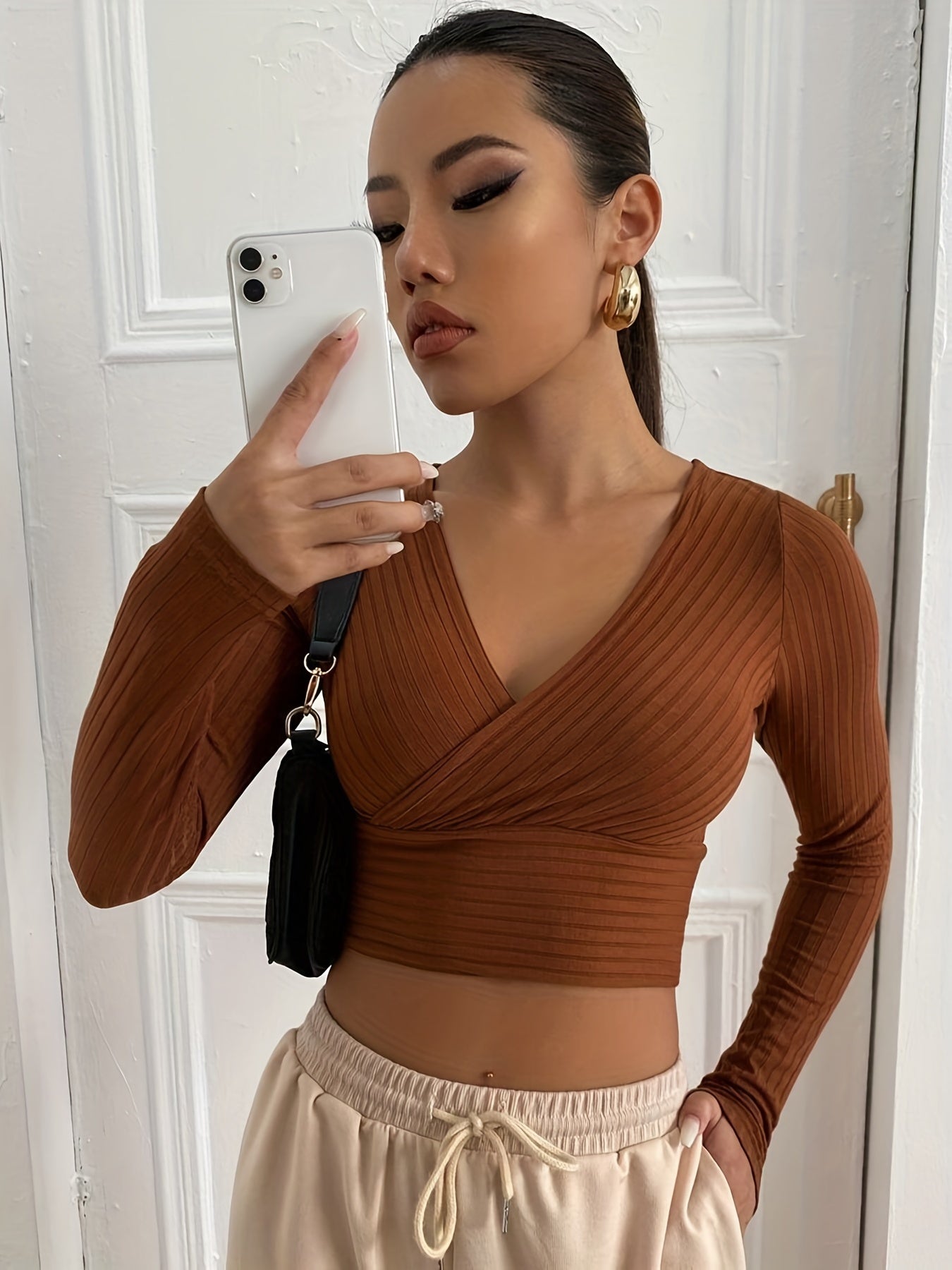 Sixsr Ribbed Solid Deep V Neck Long Sleeve Cross Wrap Crop Tops , Women's Clothings