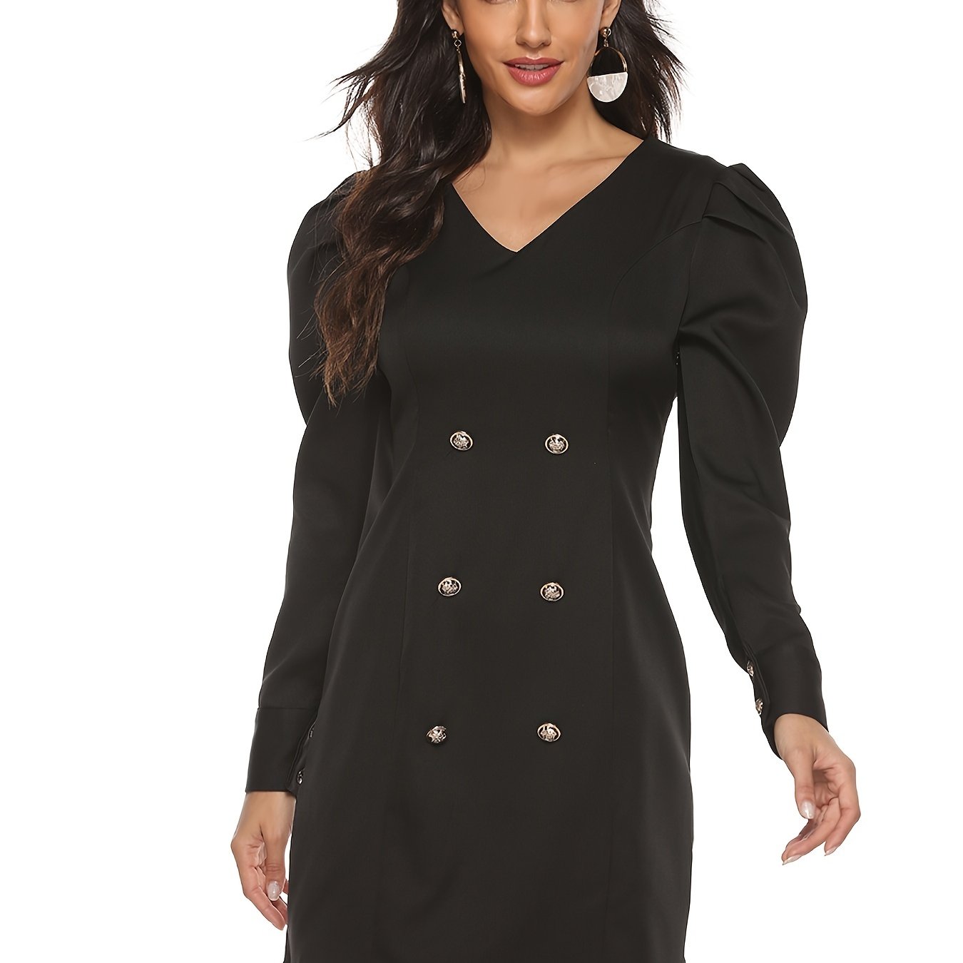 Sixsr Double Breasted Ruffle Hem Solid Tweed Dress, Temperament Slim Ruffled Solid Dress, Women's Clothing