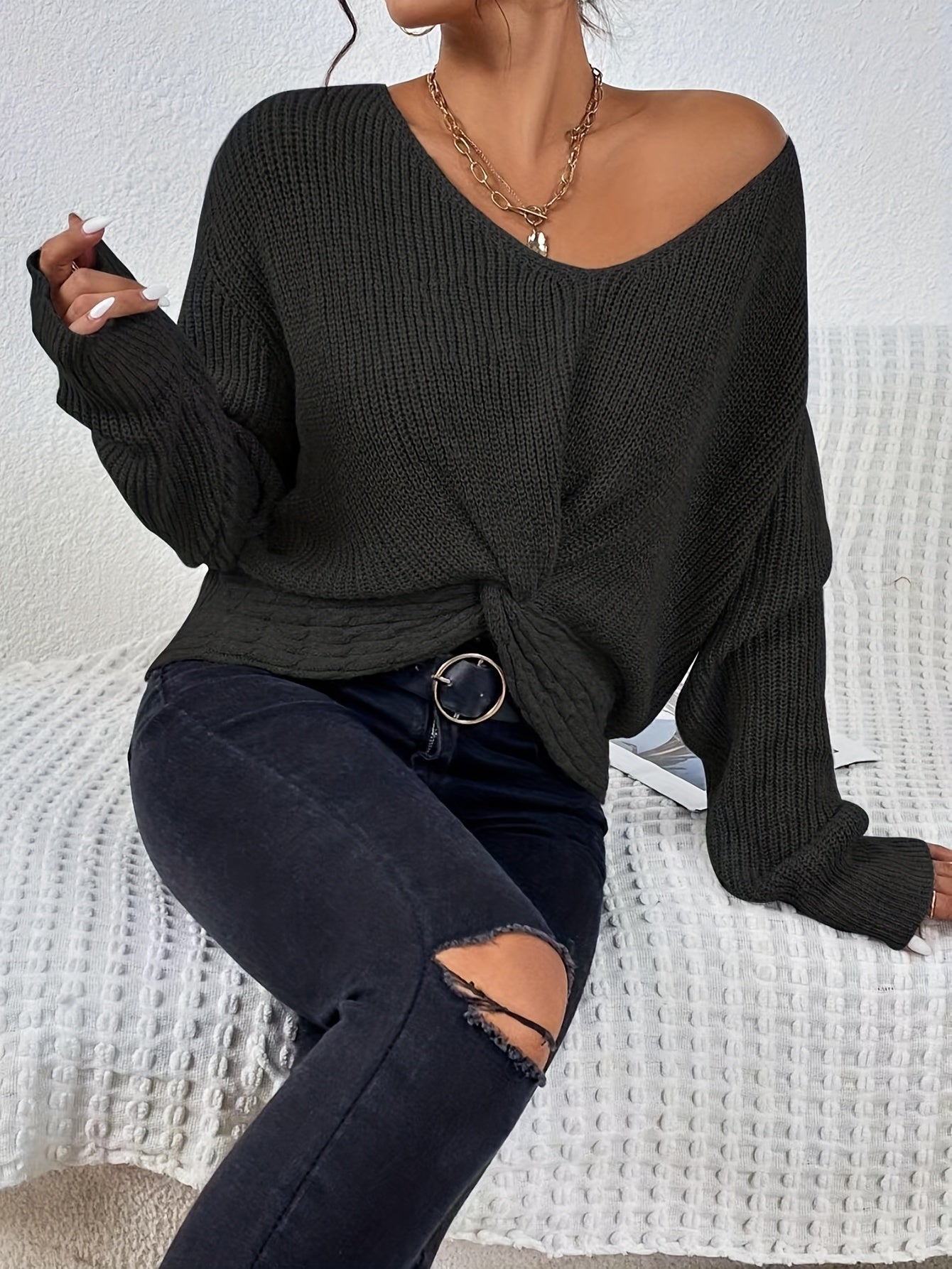 Sixsr Solid V Neck Twist Dipped Hem Pullover Sweater, Casual Long Sleeve Sweater For Spring & Fall, Women's Clothing