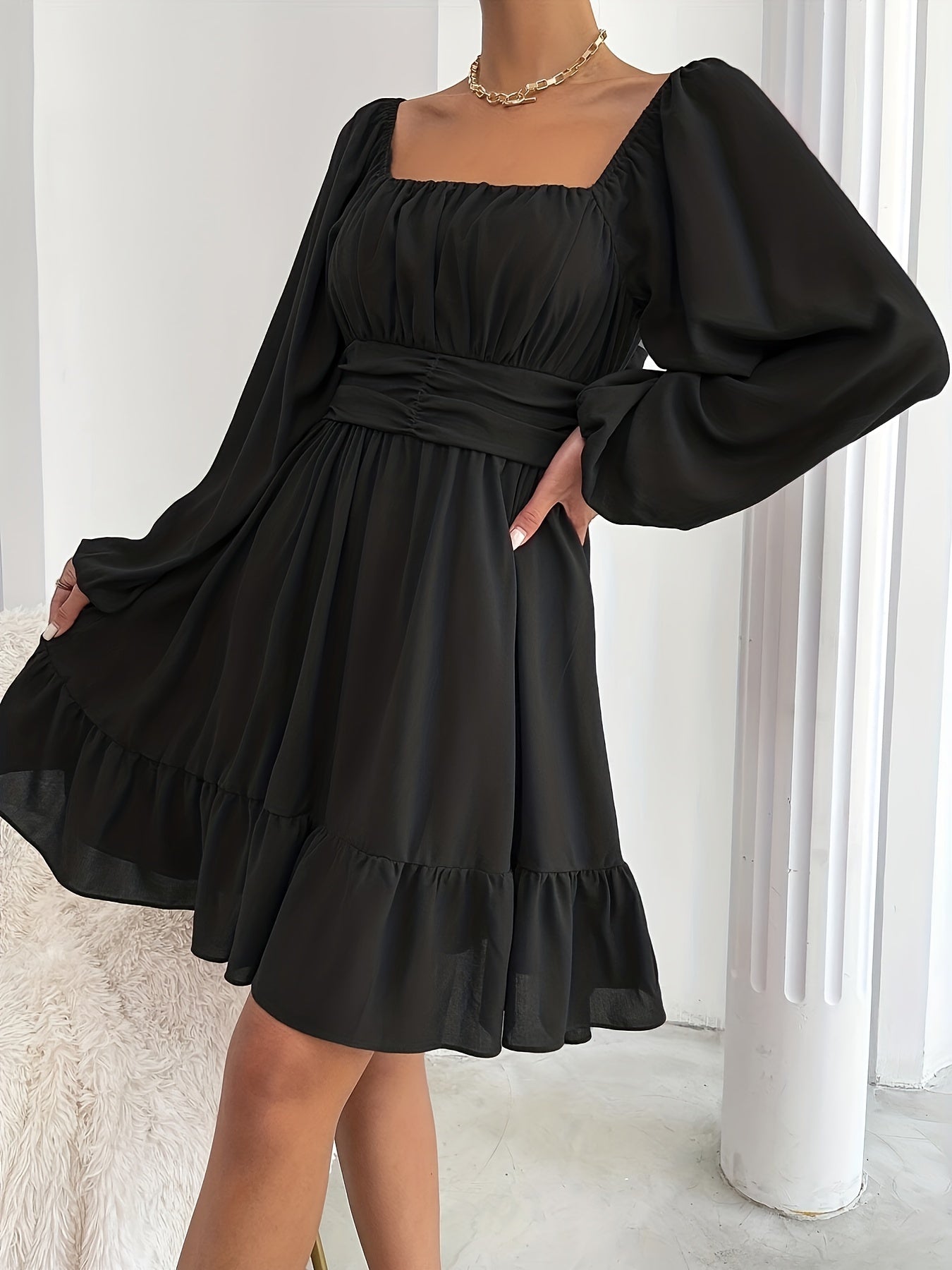 Sixsr Tied Back Lantern Sleeve Dress, Cinched Waist Square Neck Ruched Dress, Women's Clothing